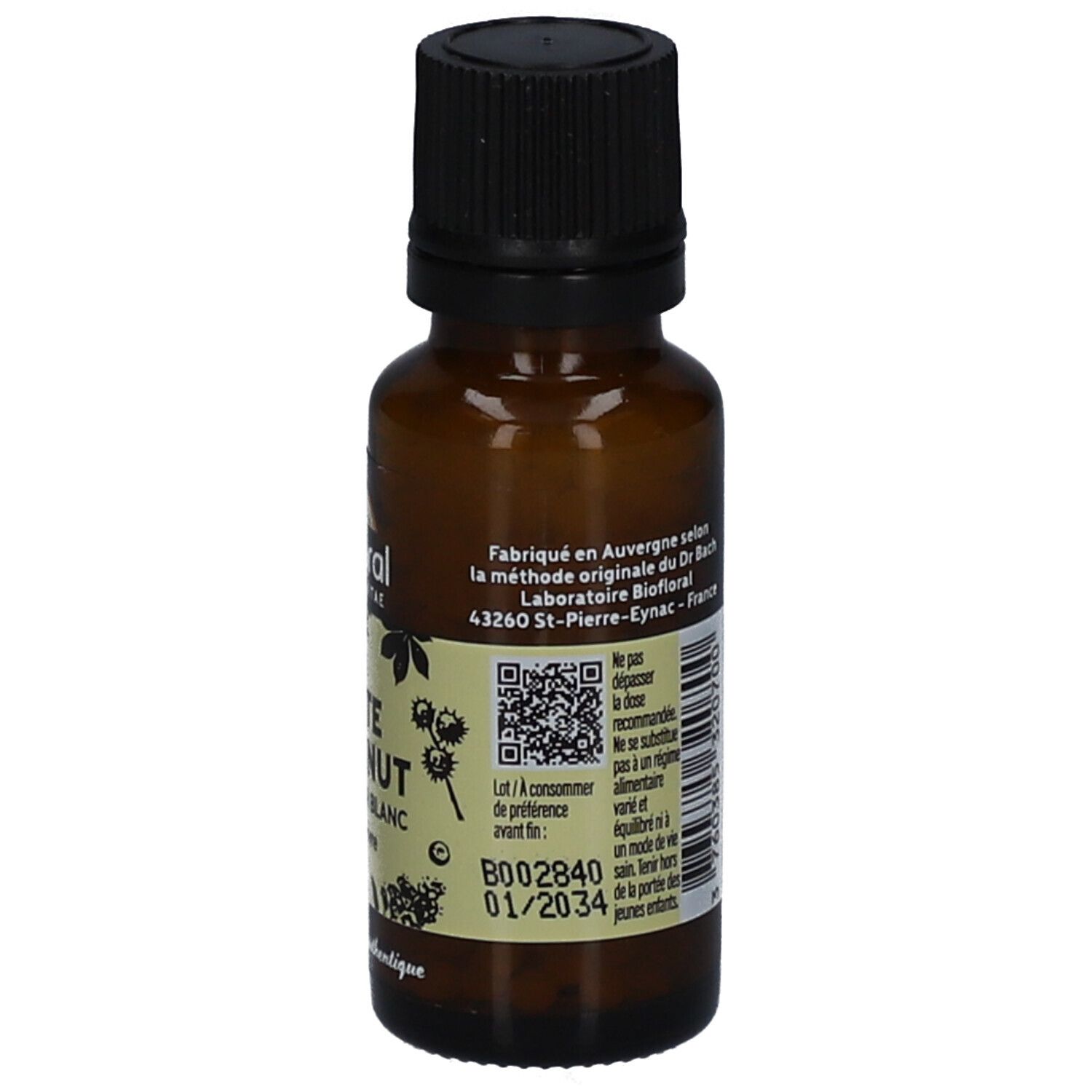 Flacon en verre brun avec bouchon noir. Étiquette avec informations sur le produit, QR code et date de péremption.