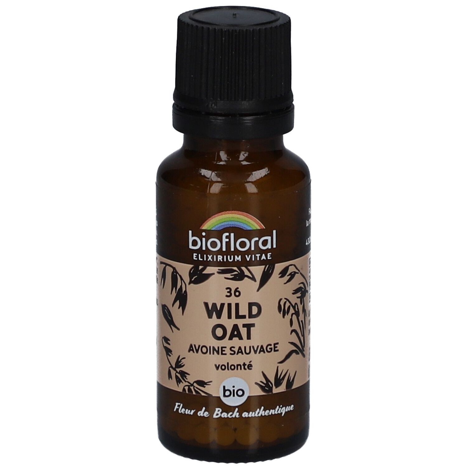 Flacon en verre brun avec bouchon noir. Étiquette avec "BIOFLORAL", "36 WILD OAT", "Avoine Sauvage" et "bio".
