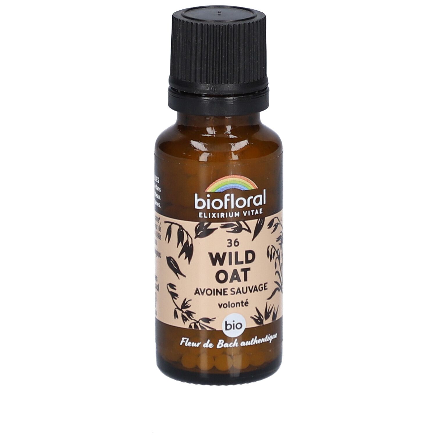 Flacon en verre brun avec bouchon noir. Étiquette avec "BIOFLORAL", "36 WILD OAT", "Avoine Sauvage" et "bio".