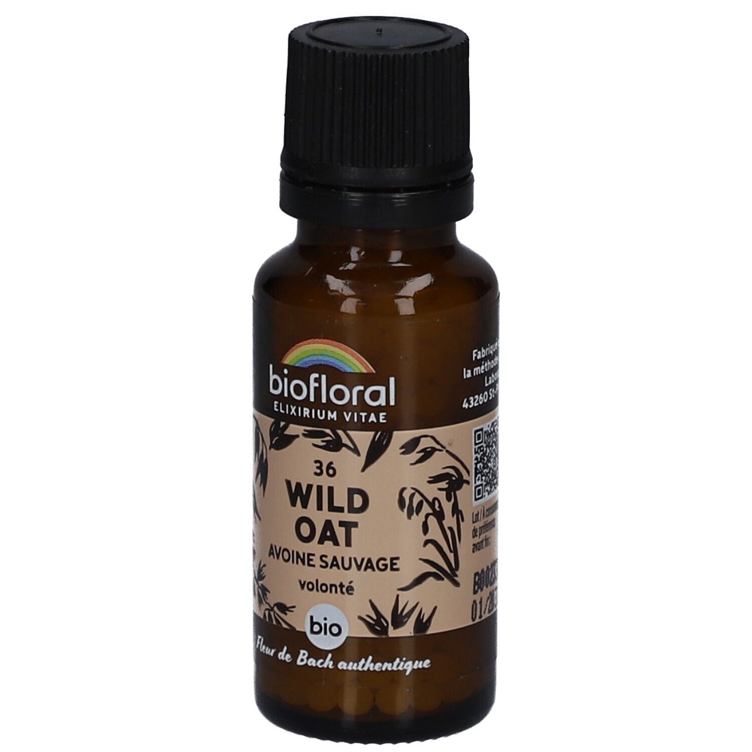 Flacon en verre brun avec bouchon noir. Étiquette avec "BIOFLORAL", "36 WILD OAT", "Avoine Sauvage" et "bio".