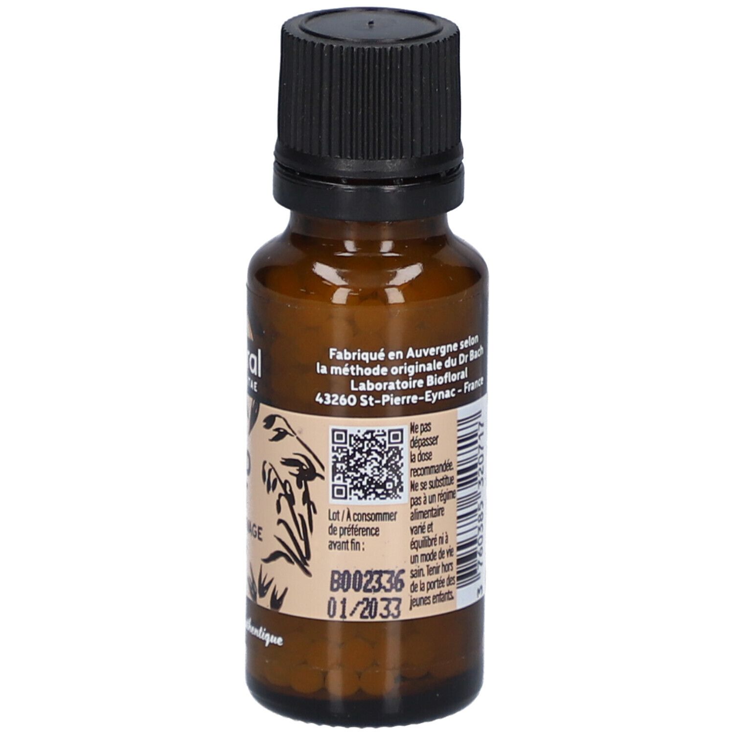 Flacon en verre brun avec bouchon noir. Étiquette avec texte, QR code et label "BIO". Date de péremption.