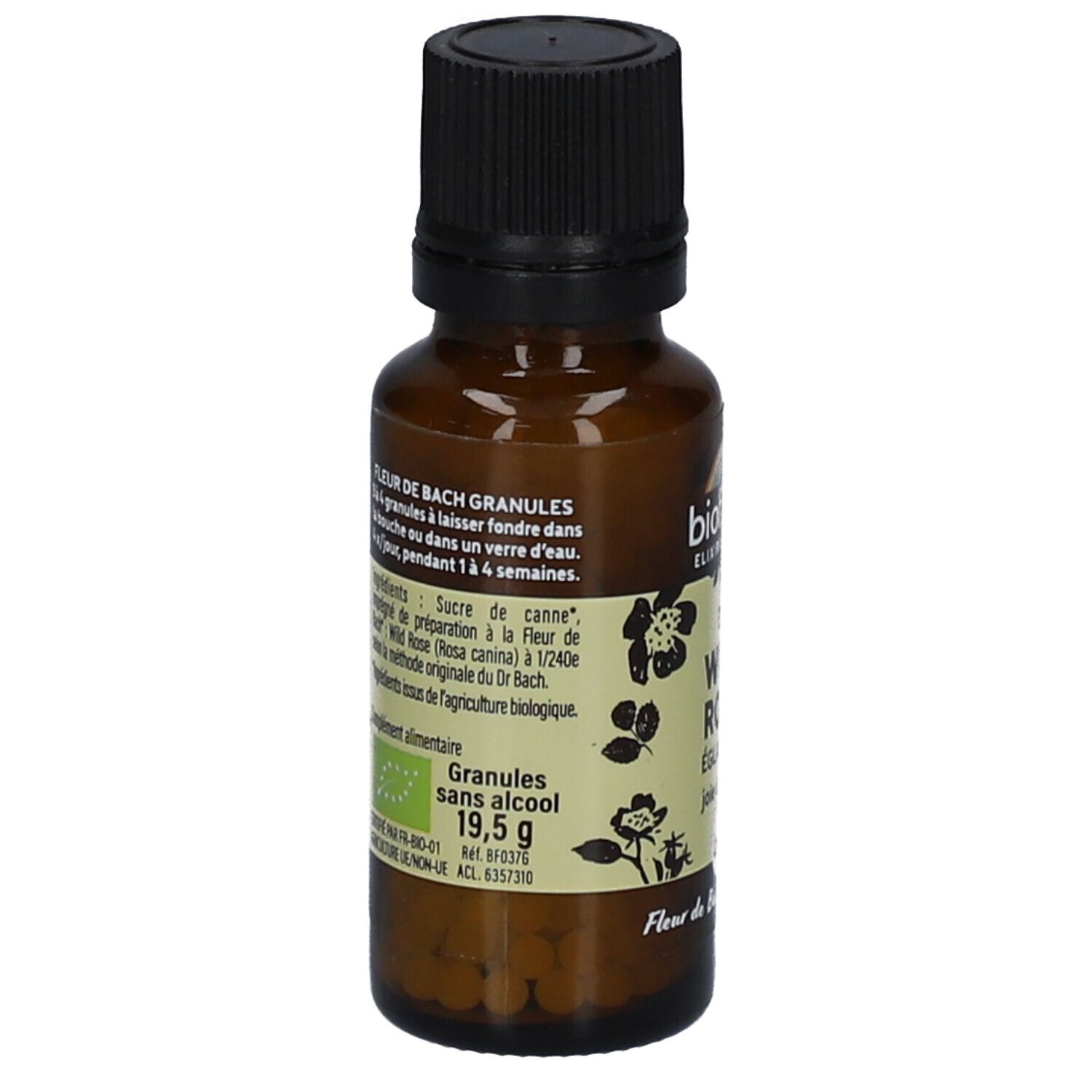 Flacon en verre brun avec bouchon noir. Étiquette avec informations produit et motifs floraux. Certification BIO.