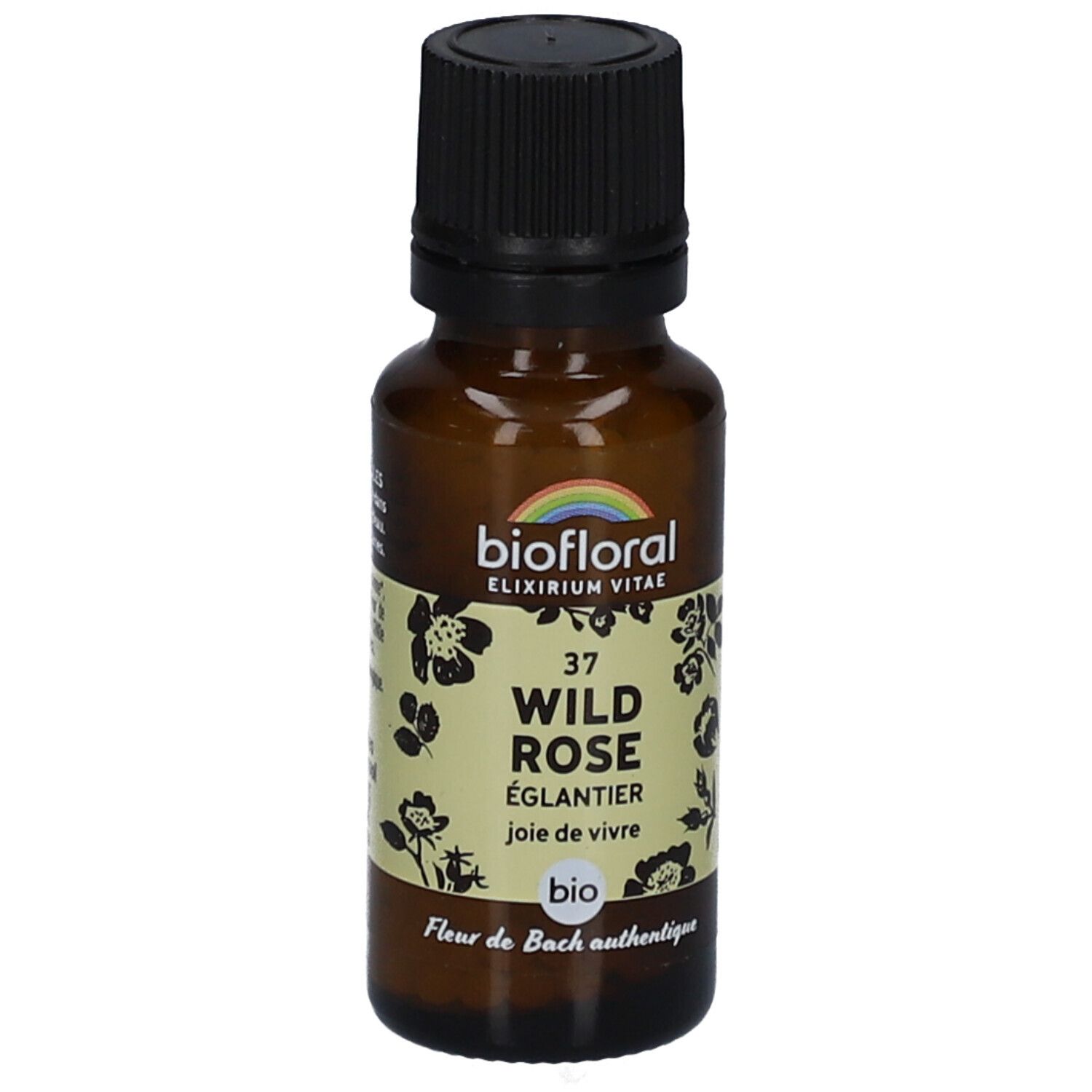 Flacon en verre brun avec bouchon noir. Étiquette avec nom du produit, logo et motifs floraux. Certification BIO.