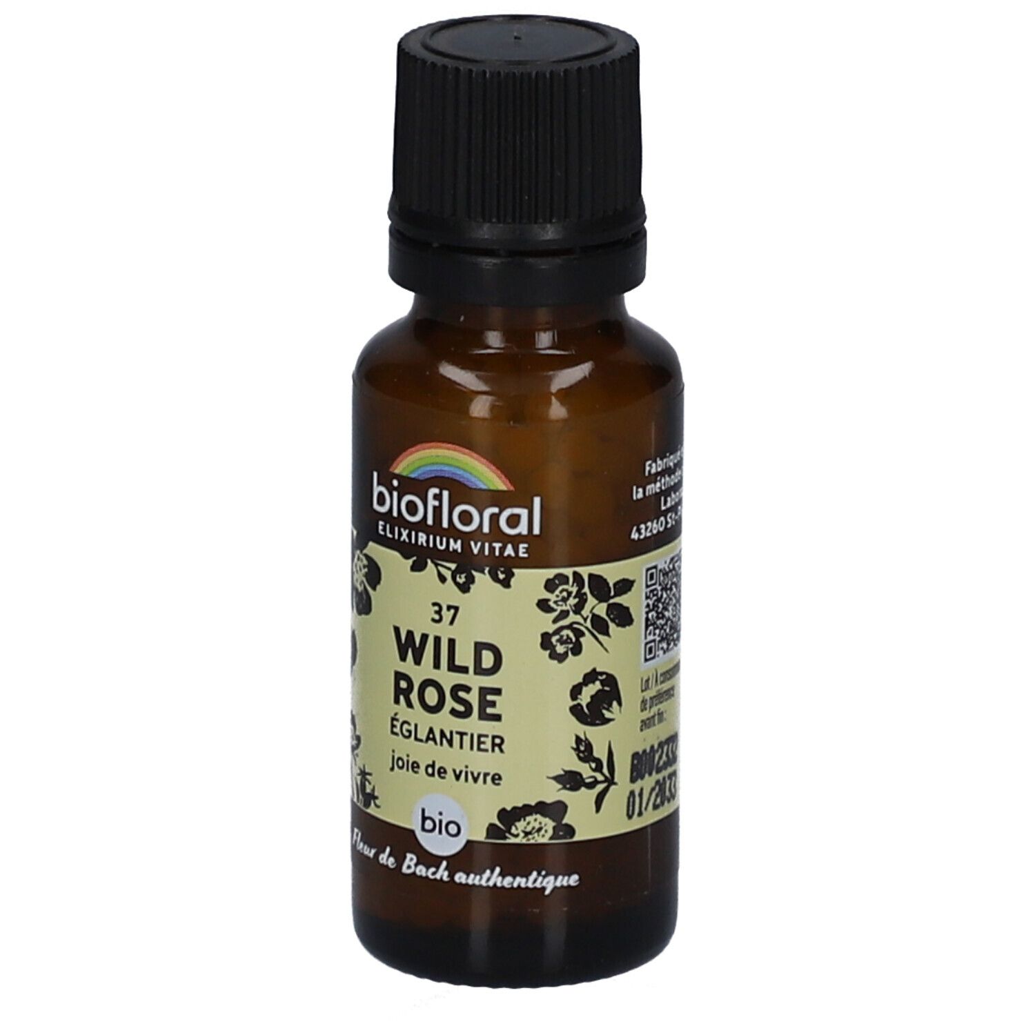 Flacon en verre brun avec bouchon noir. Étiquette avec nom du produit, logo et motifs floraux. Certification BIO.