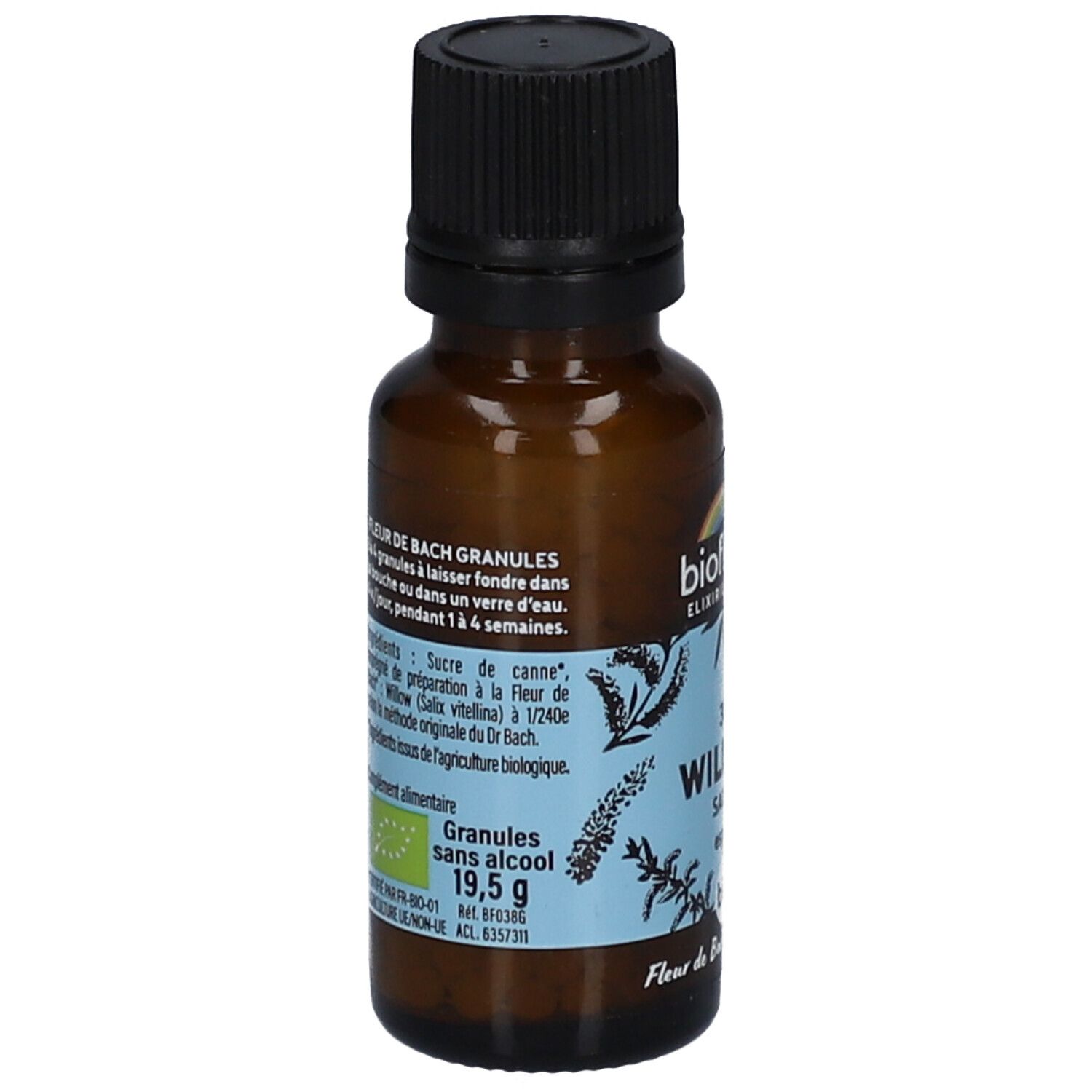 Braune Glasflasche mit schwarzem Deckel. Etikett mit Produktinformationen, Inhaltsstoffen und BIO-Zertifizierung. Aufschrift: WILLOW SAULE, 19,5 g.