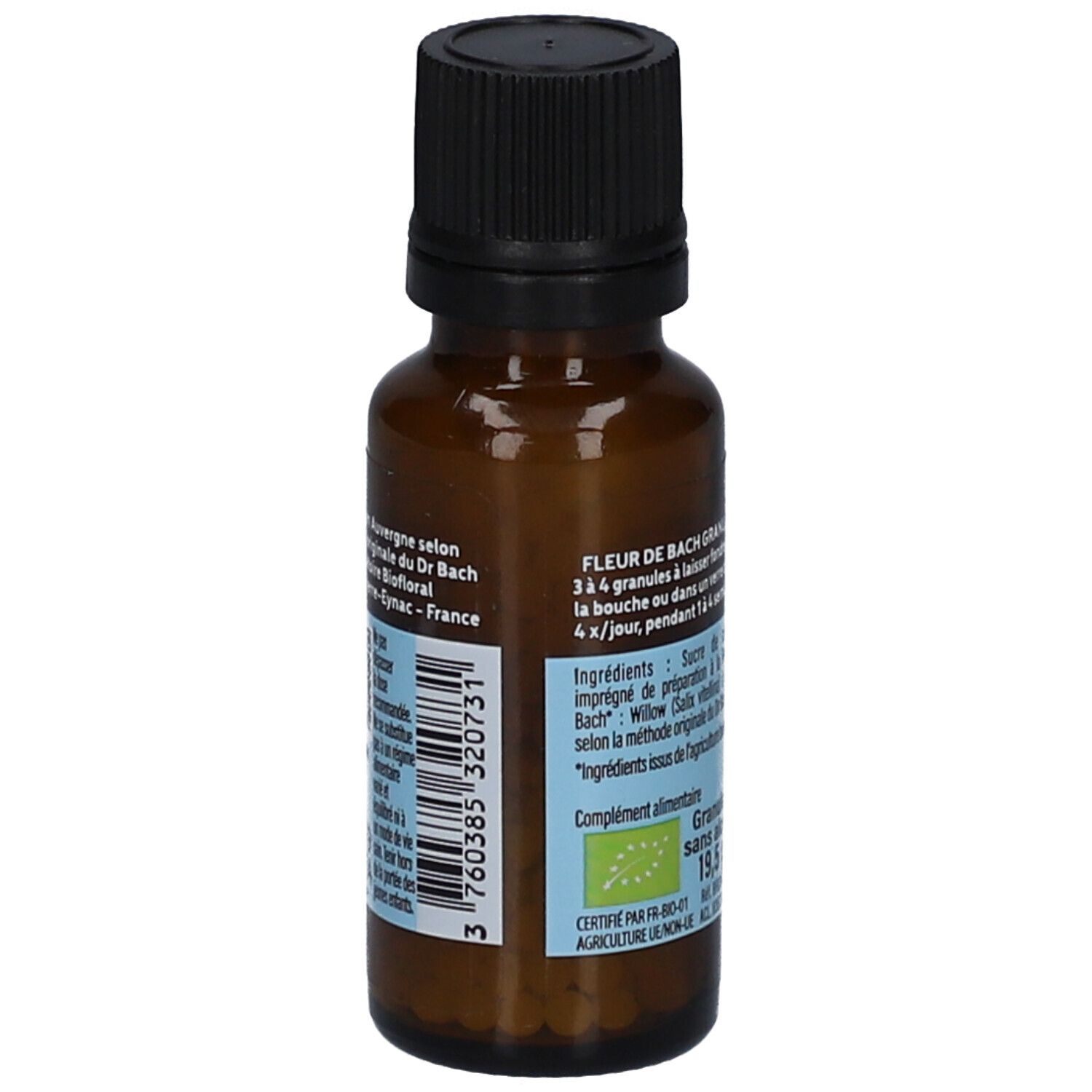 Braune Glasflasche mit schwarzem Deckel. Etikett mit Produktinformationen, Inhaltsstoffen und BIO-Zertifizierung. Aufschrift: WILLOW SAULE, 3 760585 320737.