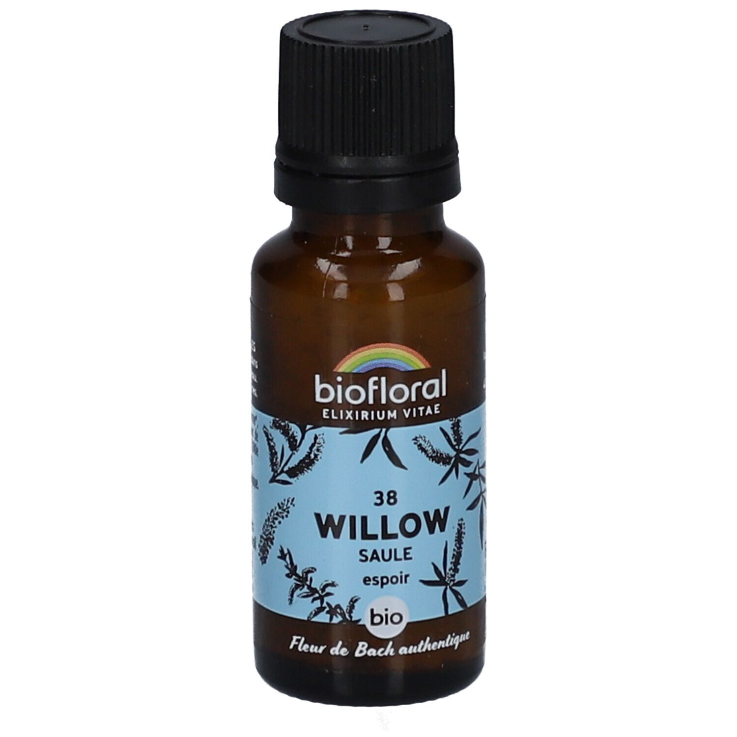 Braune Glasflasche mit schwarzem Deckel. Etikett mit Produktnamen, Marke BIOFLORAL und Logo. Aufschrift: 38 WILLOW SAULE espoir bio.