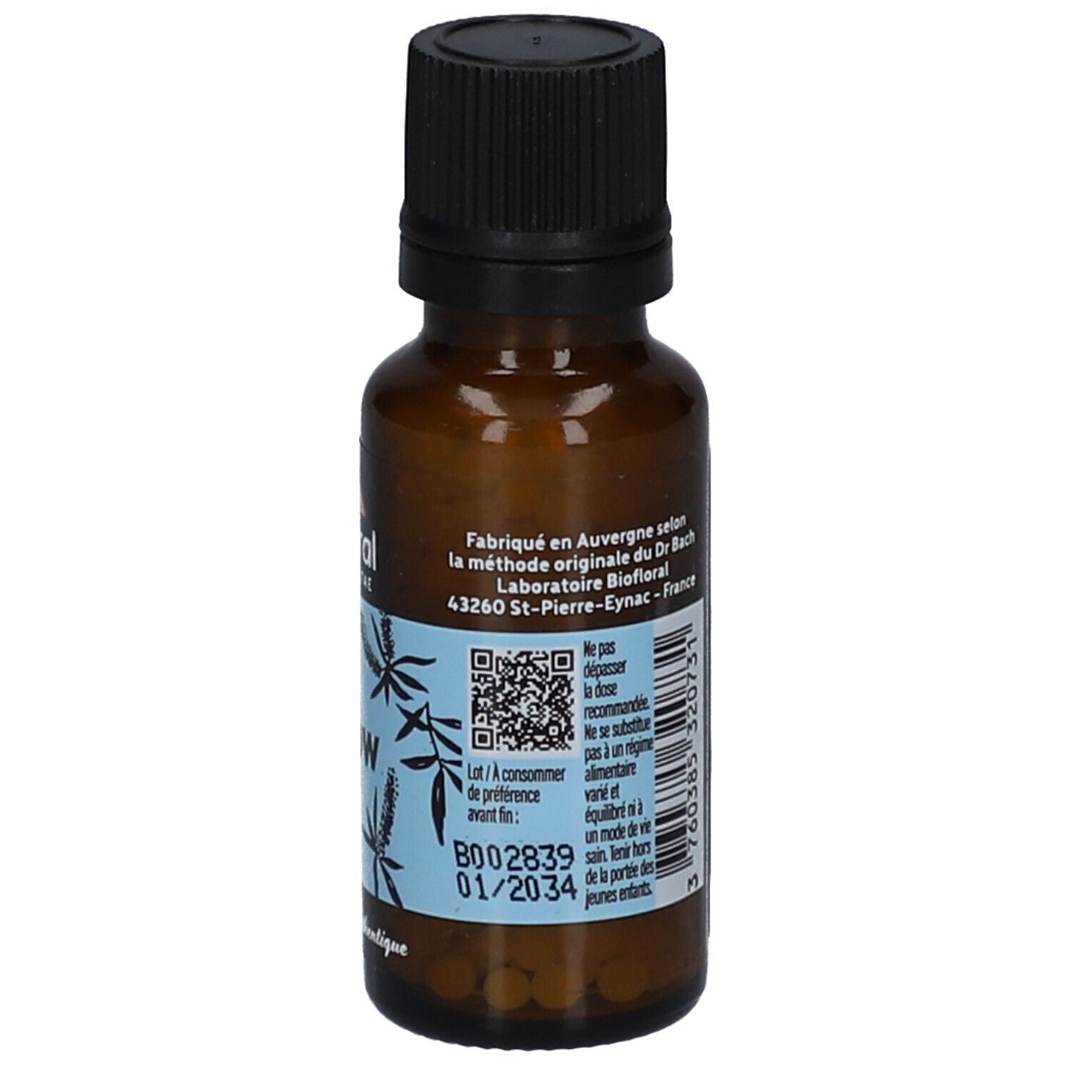 Braune Glasflasche mit schwarzem Deckel. Etikett mit Produktinformationen, QR-Code und Mindesthaltbarkeitsdatum. Aufschrift: B002839 01/2034.