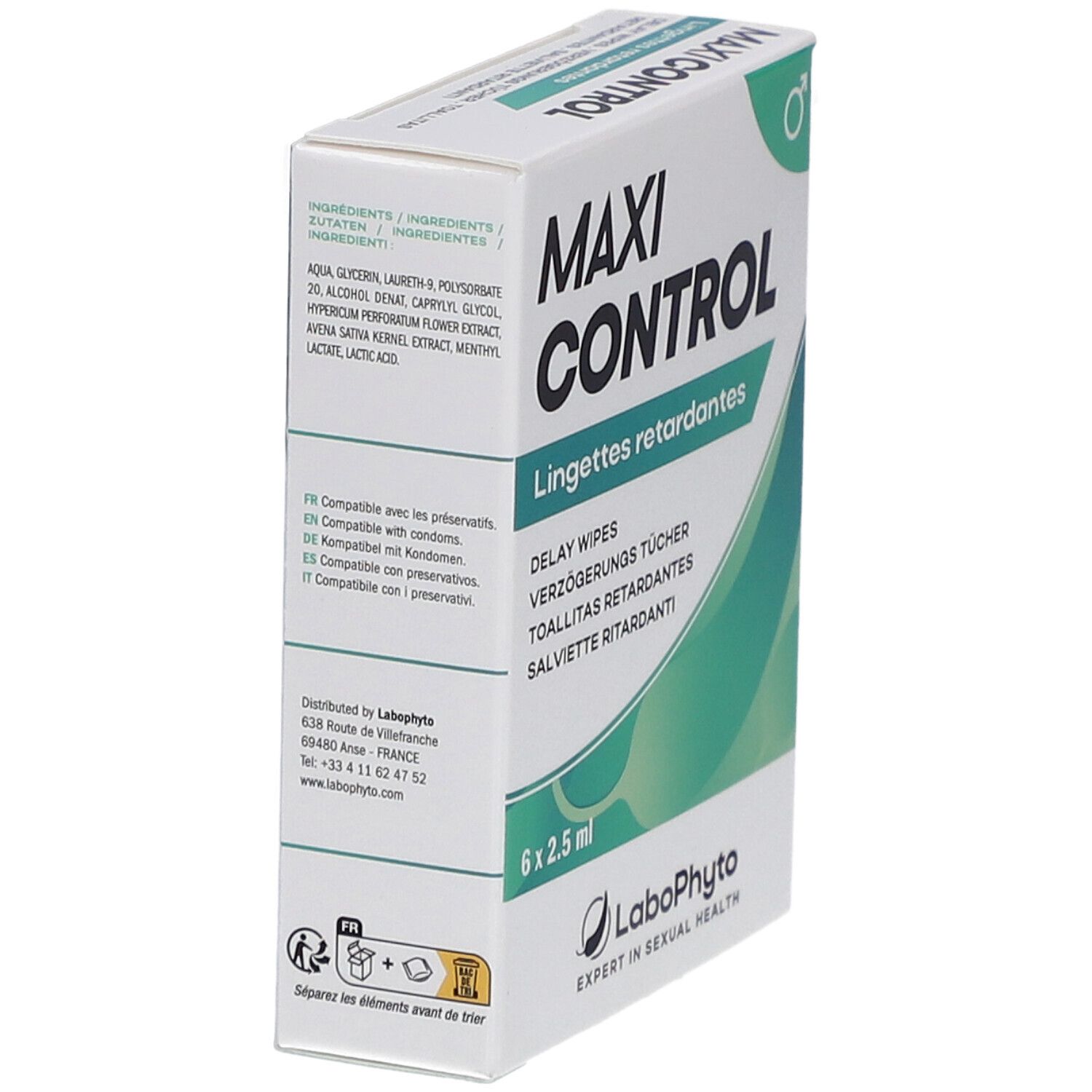 Boîte "MAXI CONTROL" avec ingrédients et texte multilingue. 6 x 2,5 ml. Logo LaboPhyto.