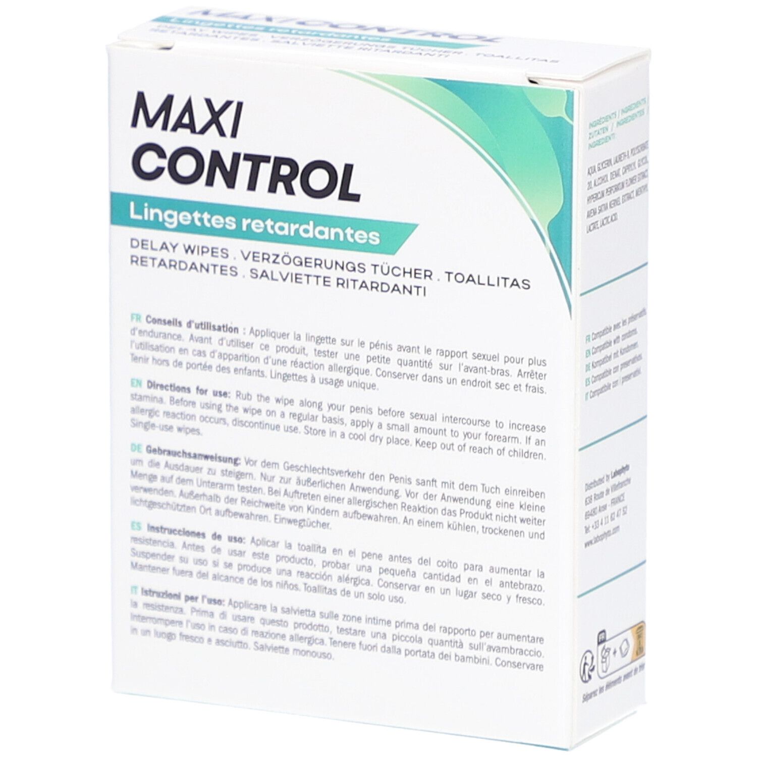 Boîte "MAXI CONTROL" avec mode d'emploi multilingue. 6 x 2,5 ml. Logo LaboPhyto.
