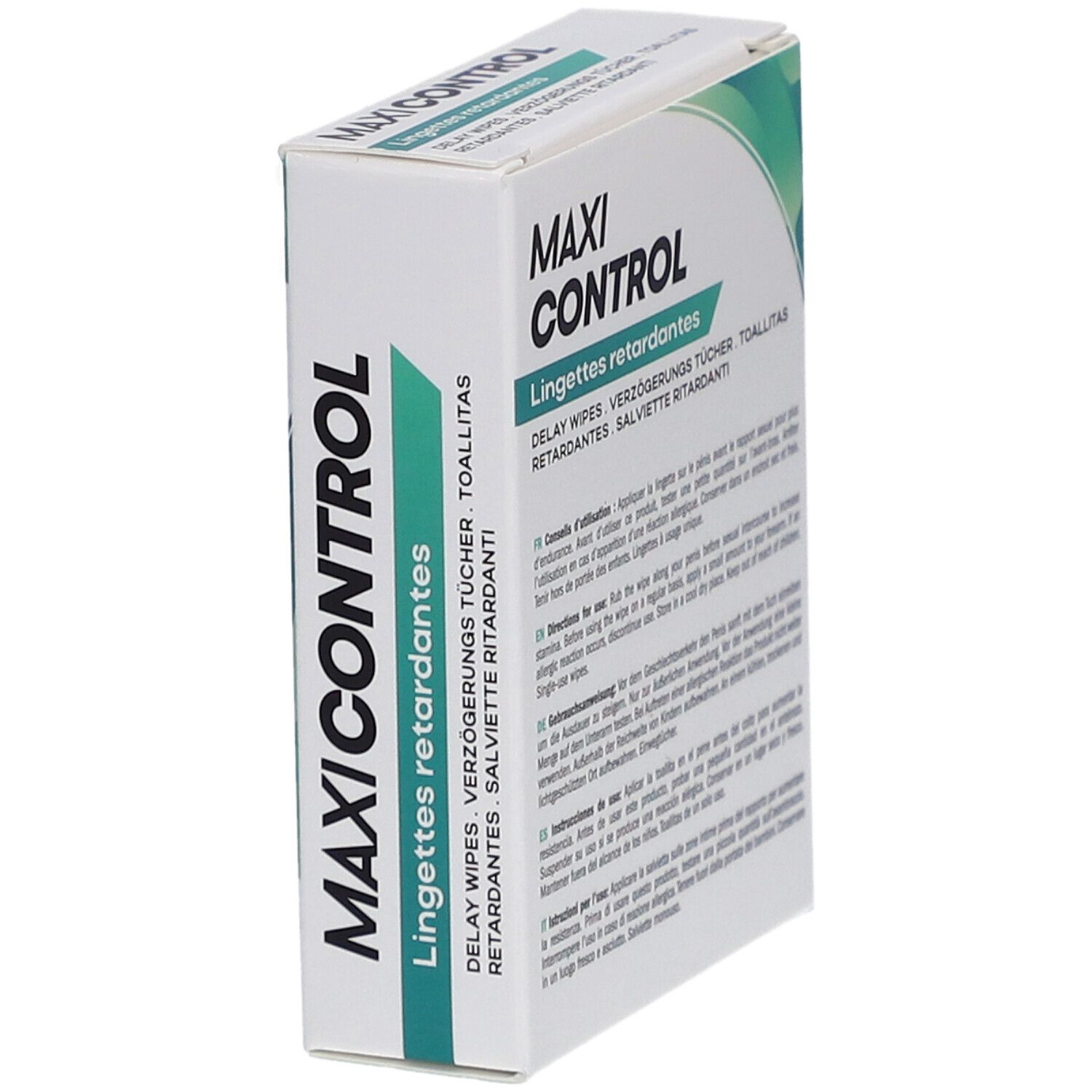 Boîte "MAXI CONTROL" avec texte multilingue. Logo LaboPhyto. Vue arrière.