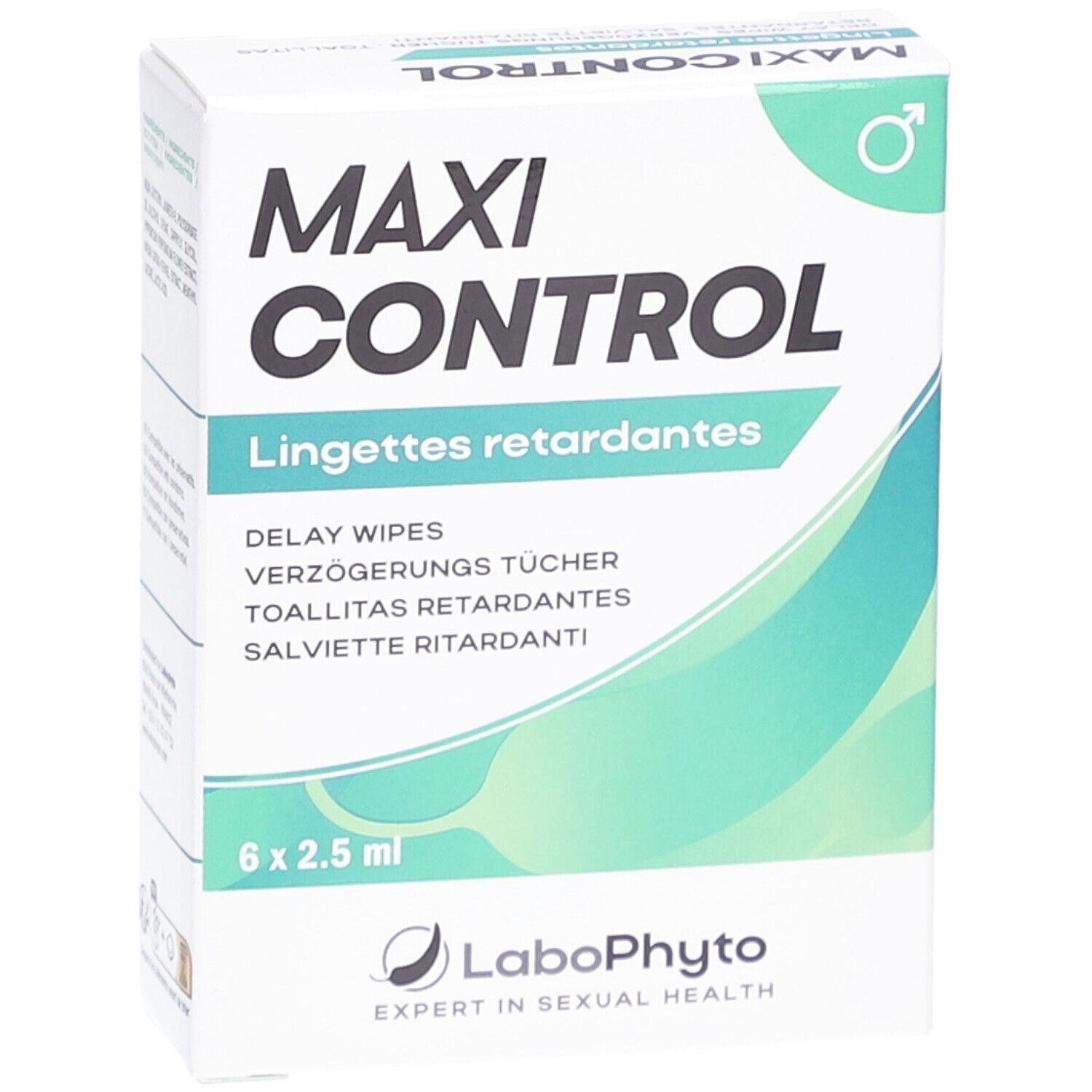 Boîte "MAXI CONTROL" avec texte multilingue. 6 x 2,5 ml. Logo LaboPhyto.
