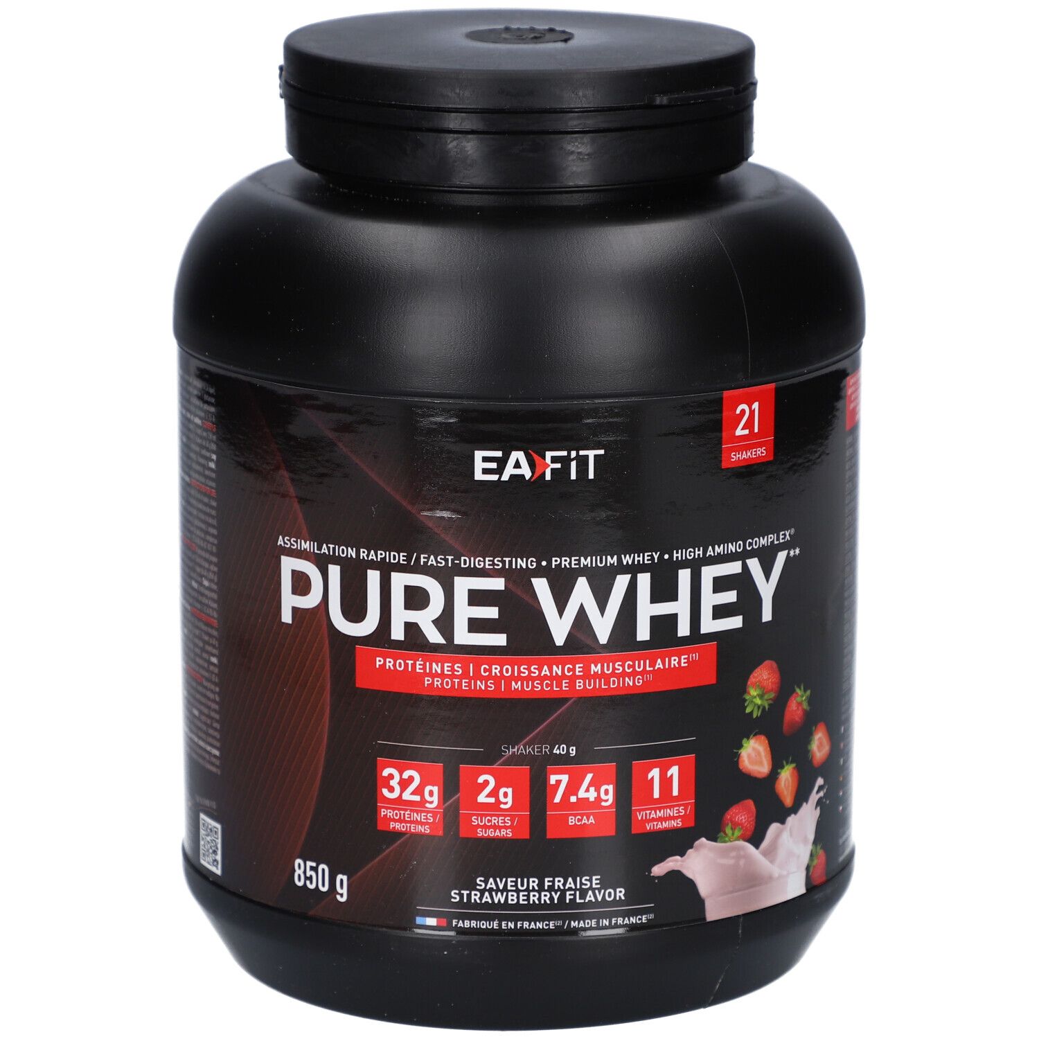 Pot noir EA FIT Pure Whey Fraise. Inscription: Pure Whey, 850 g, saveur fraise. 21 portions.