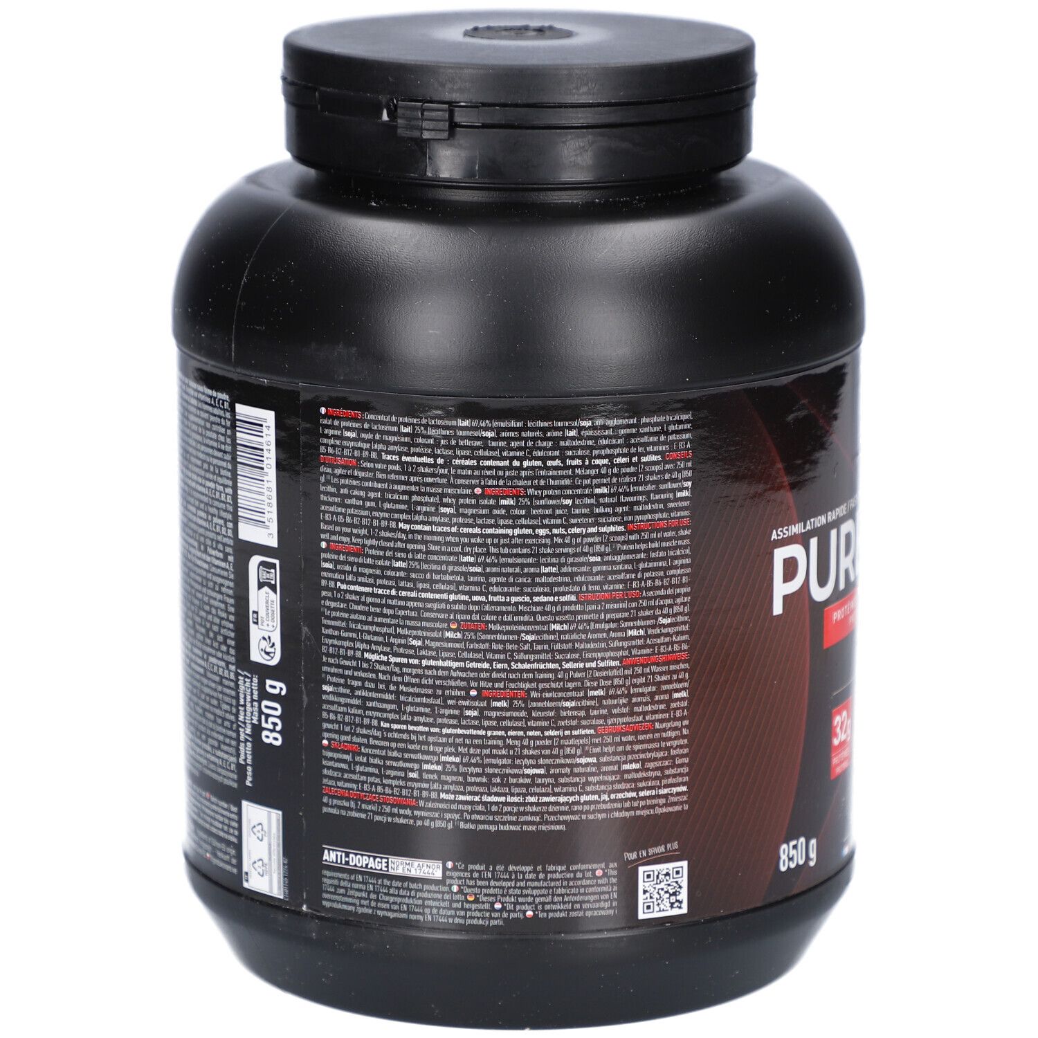 Dos du pot noir EA FIT Pure Whey Fraise. Texte multilingue, 850 g.