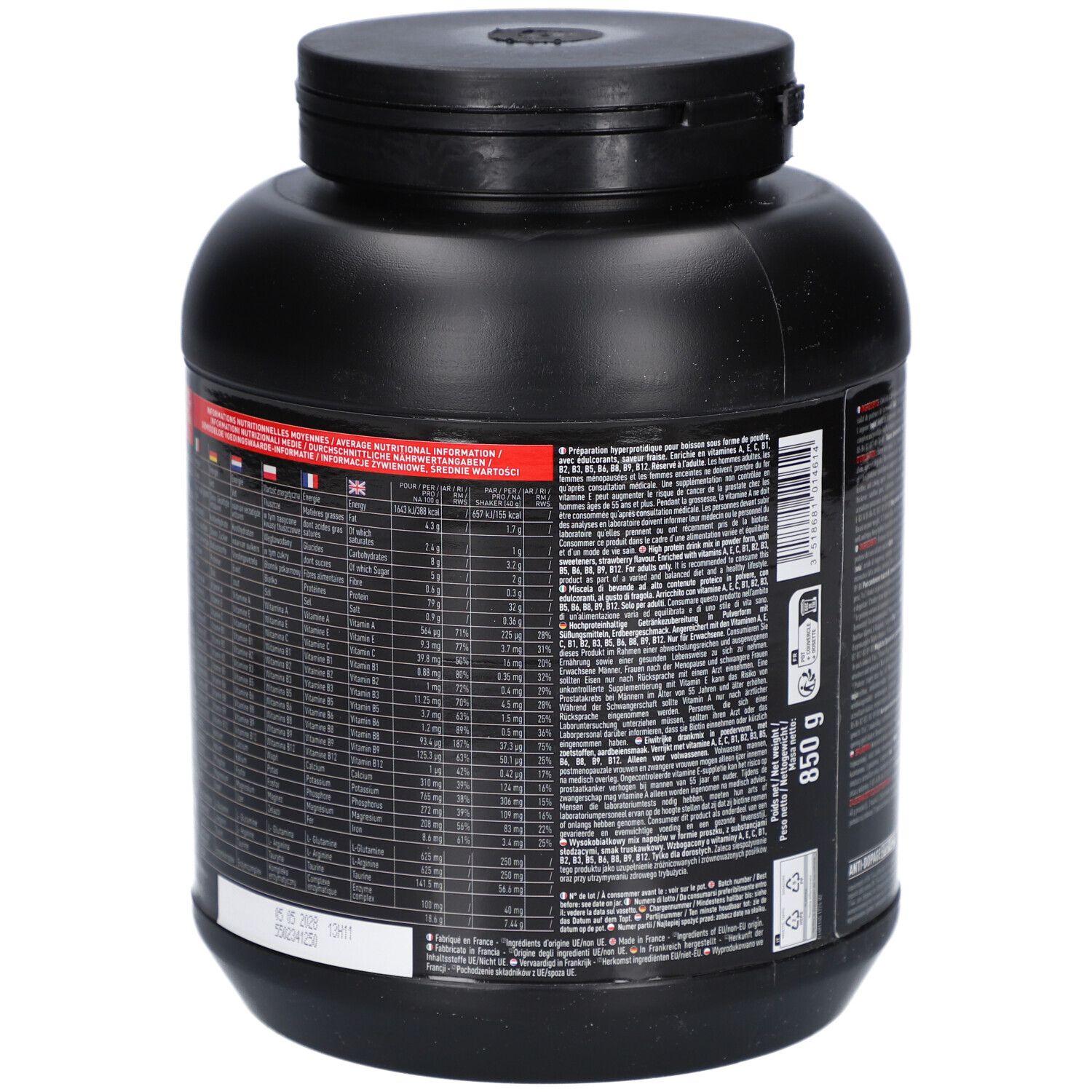 Dos du pot noir EA FIT Pure Whey Fraise. Informations nutritionnelles multilingues, 850 g.