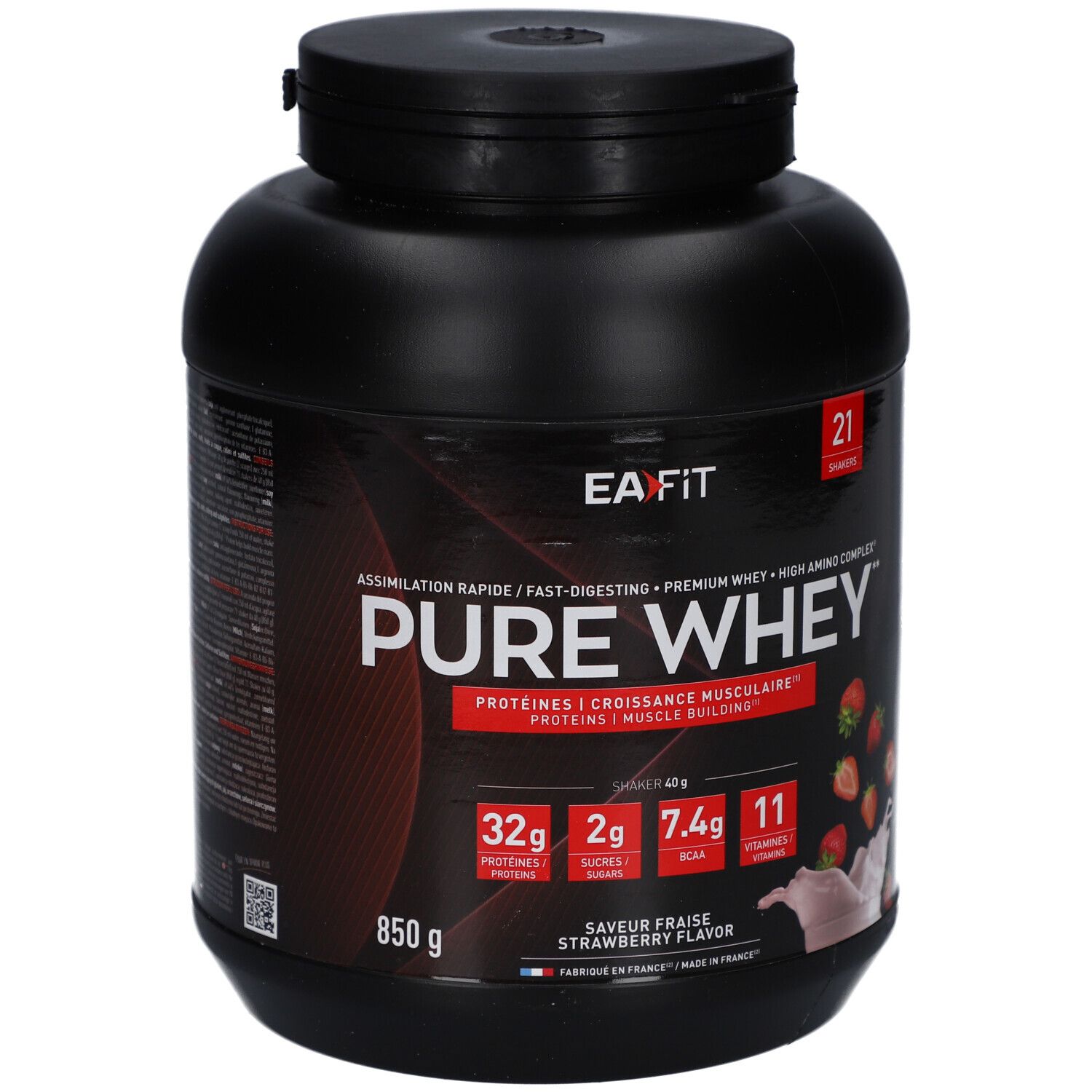 Pot noir EA FIT Pure Whey Fraise. Inscription: Pure Whey, 850 g, saveur fraise. 21 portions.