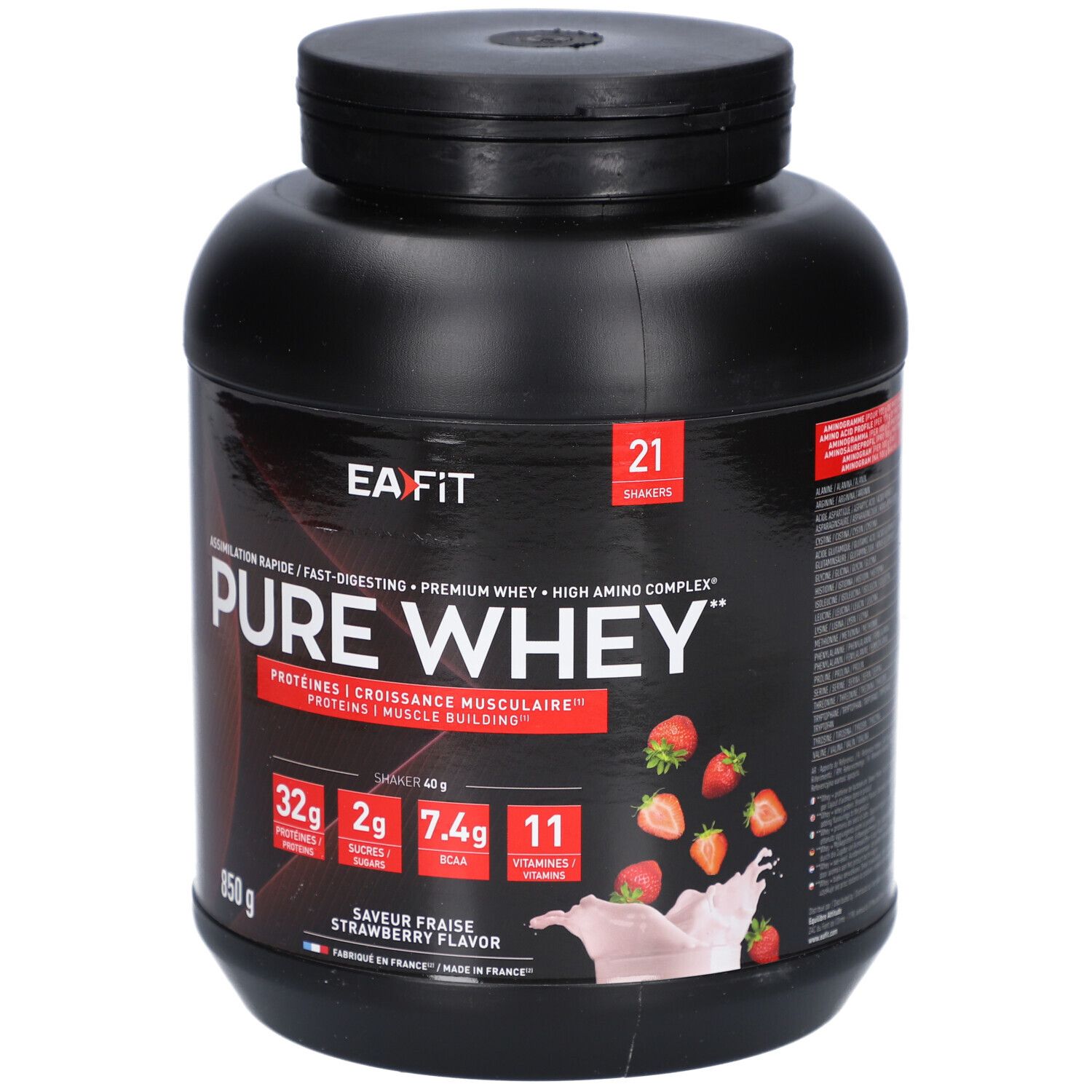 Pot noir EA FIT Pure Whey Fraise. Inscription: Pure Whey, 850 g, saveur fraise. 21 portions.