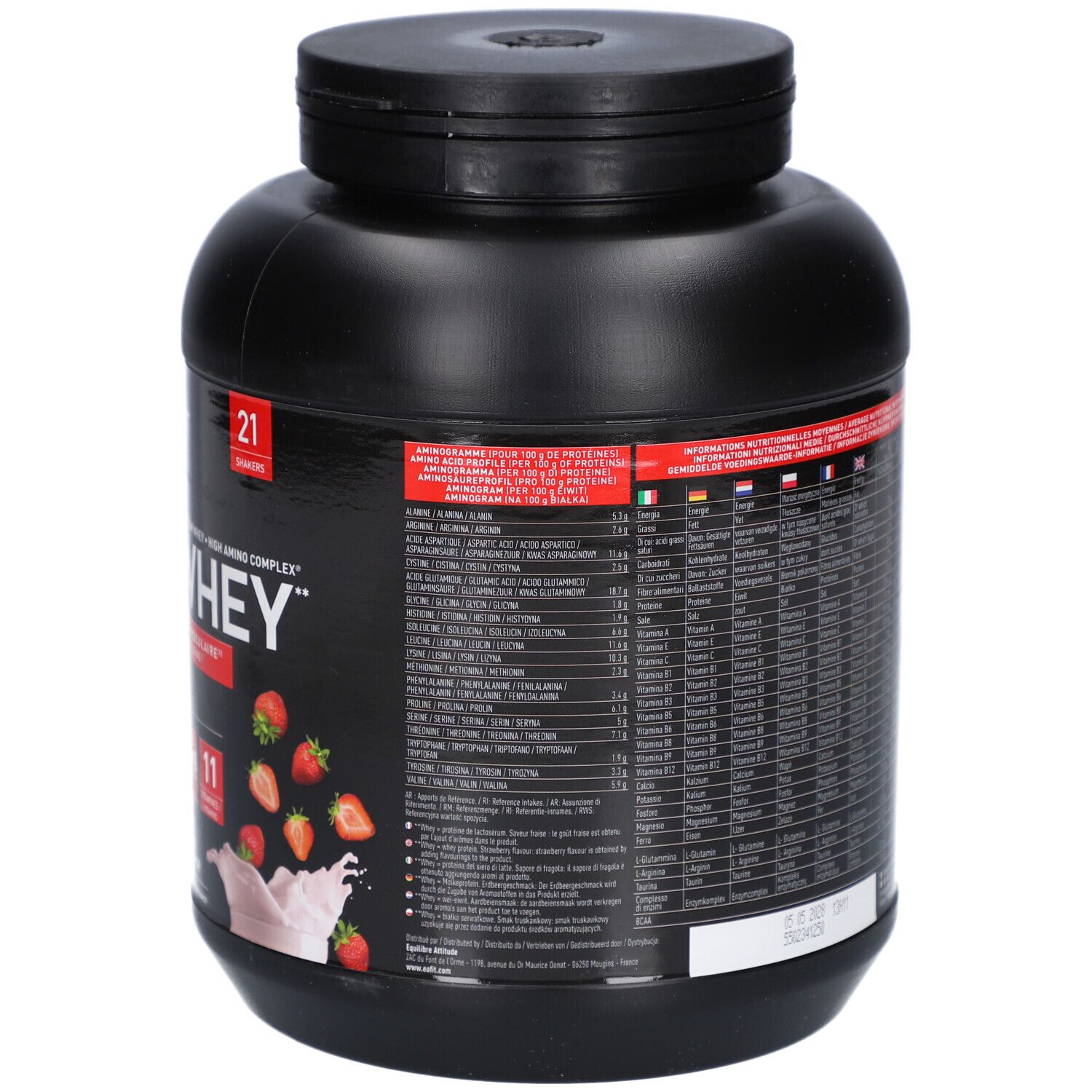 Dos du pot noir EA FIT Pure Whey Fraise. Informations nutritionnelles, 850 g, 21 portions.