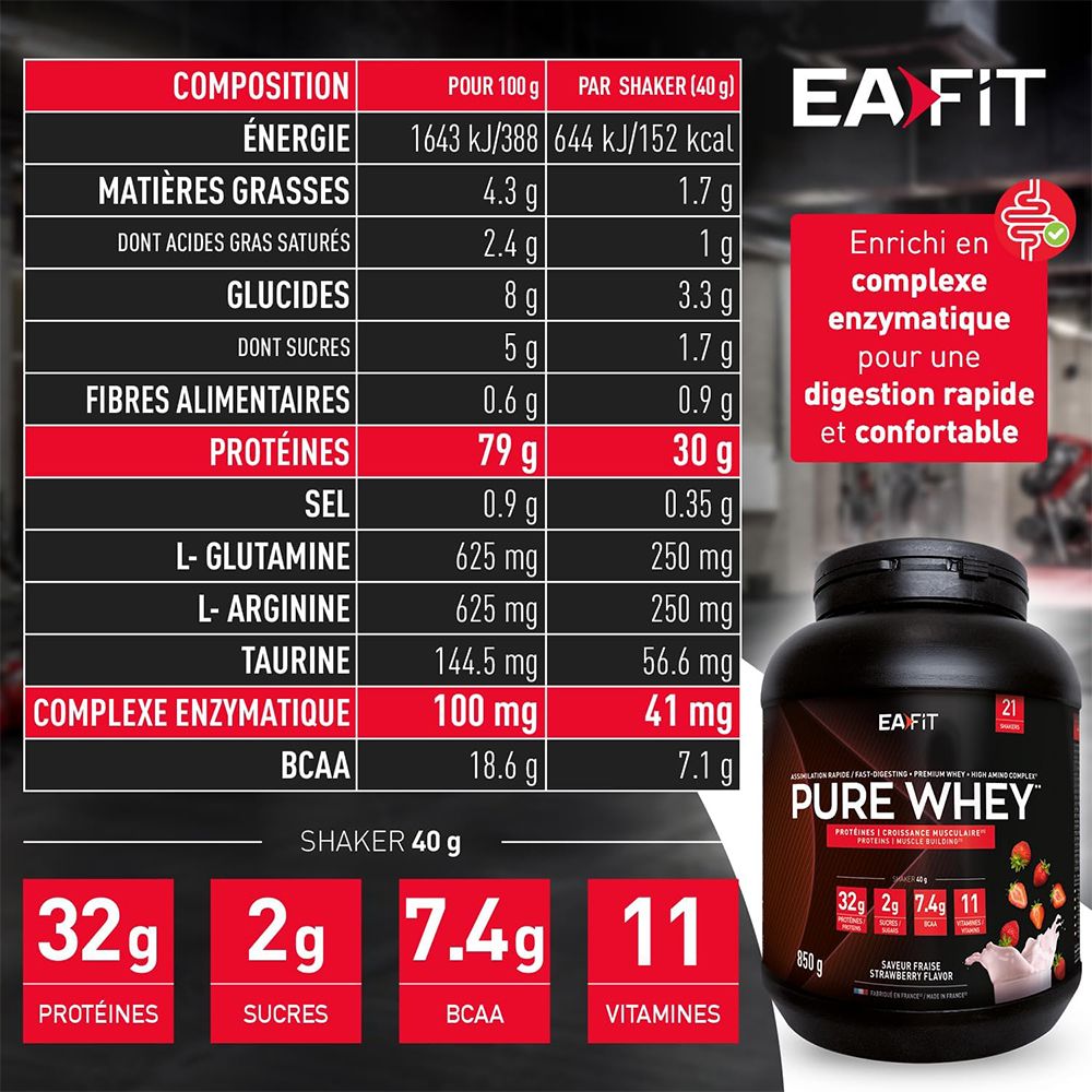 Nährwerttabelle für EA FIT Pure Whey. Angaben pro 100g und pro Portion (40g). Enthält Proteine, Zucker, BCAA und Vitamine.