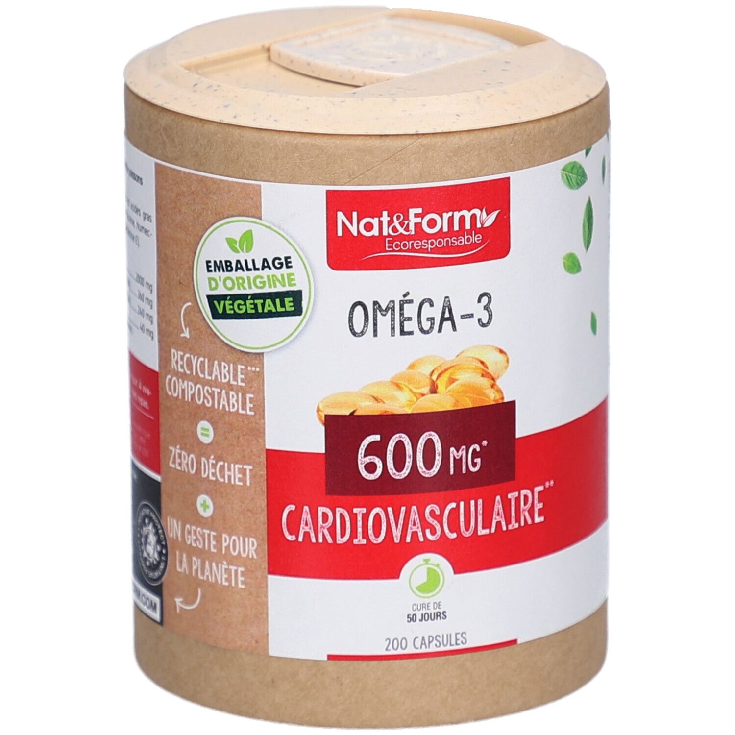 Zylindrische Dose mit Deckel. Aufschrift: Oméga-3, 600 mg, Cardiovasculaire. Verpackung aus Pflanzenmaterial, recycelbar.