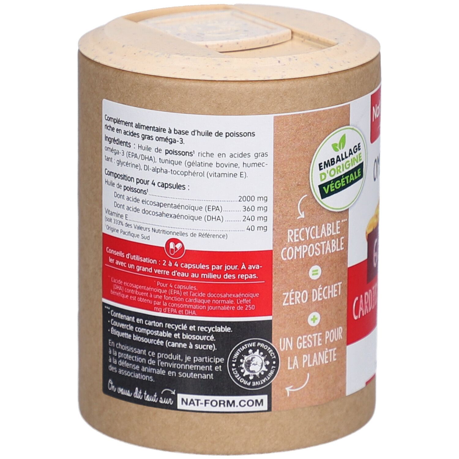 Rückseite der Dose. Enthält Informationen zu Inhaltsstoffen und Anwendung. Verpackung aus Pflanzenmaterial, recycelbar.