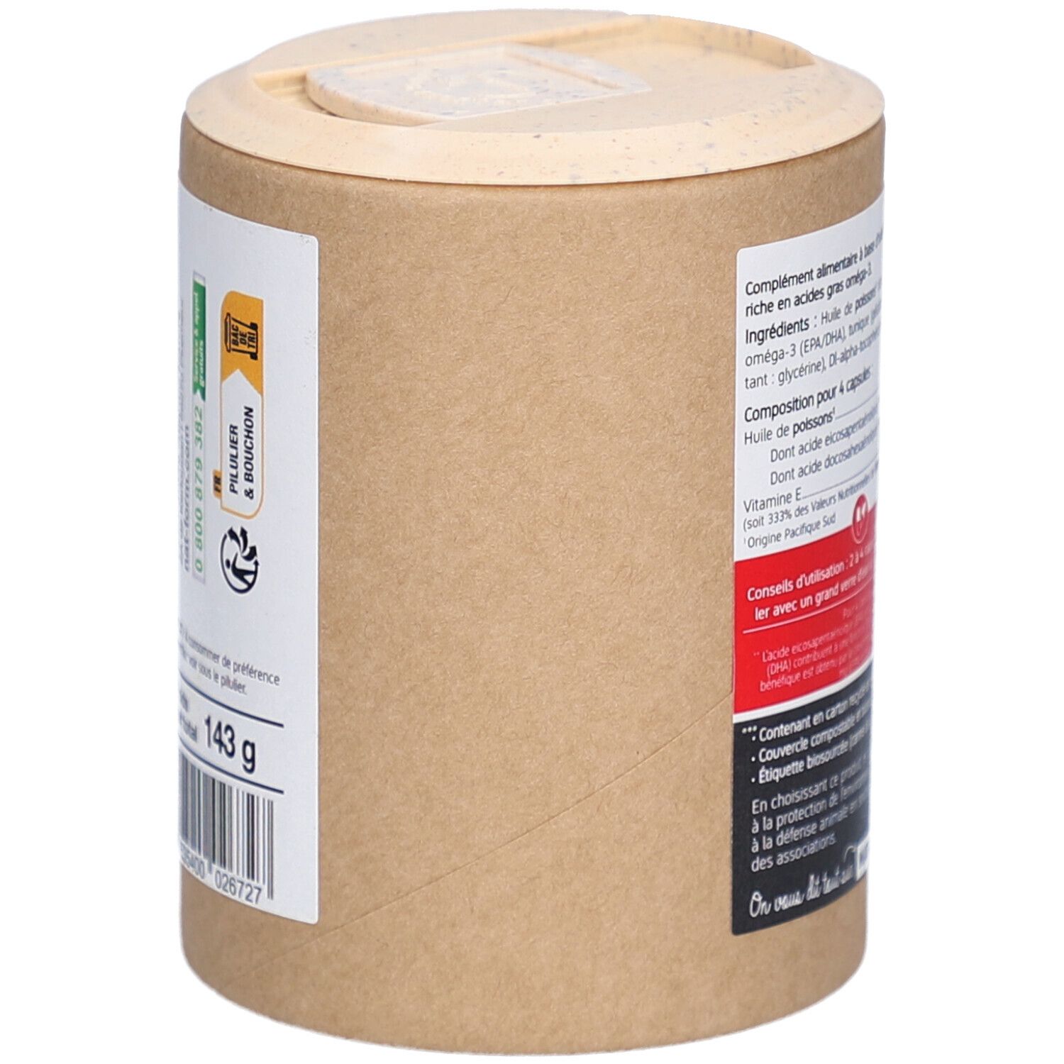 Zylindrische Dose, Seitenansicht. Mit Informationen zu Gewicht und Inhaltsstoffen. Verpackung aus Pflanzenmaterial.