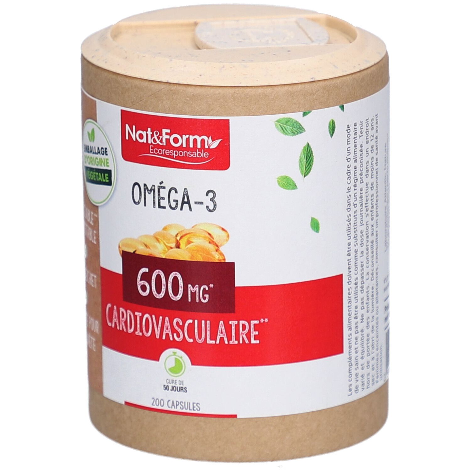 Zylindrische Dose mit Deckel. Aufschrift: Oméga-3, 600 mg, Cardiovasculaire. Verpackung aus Pflanzenmaterial, recycelbar.