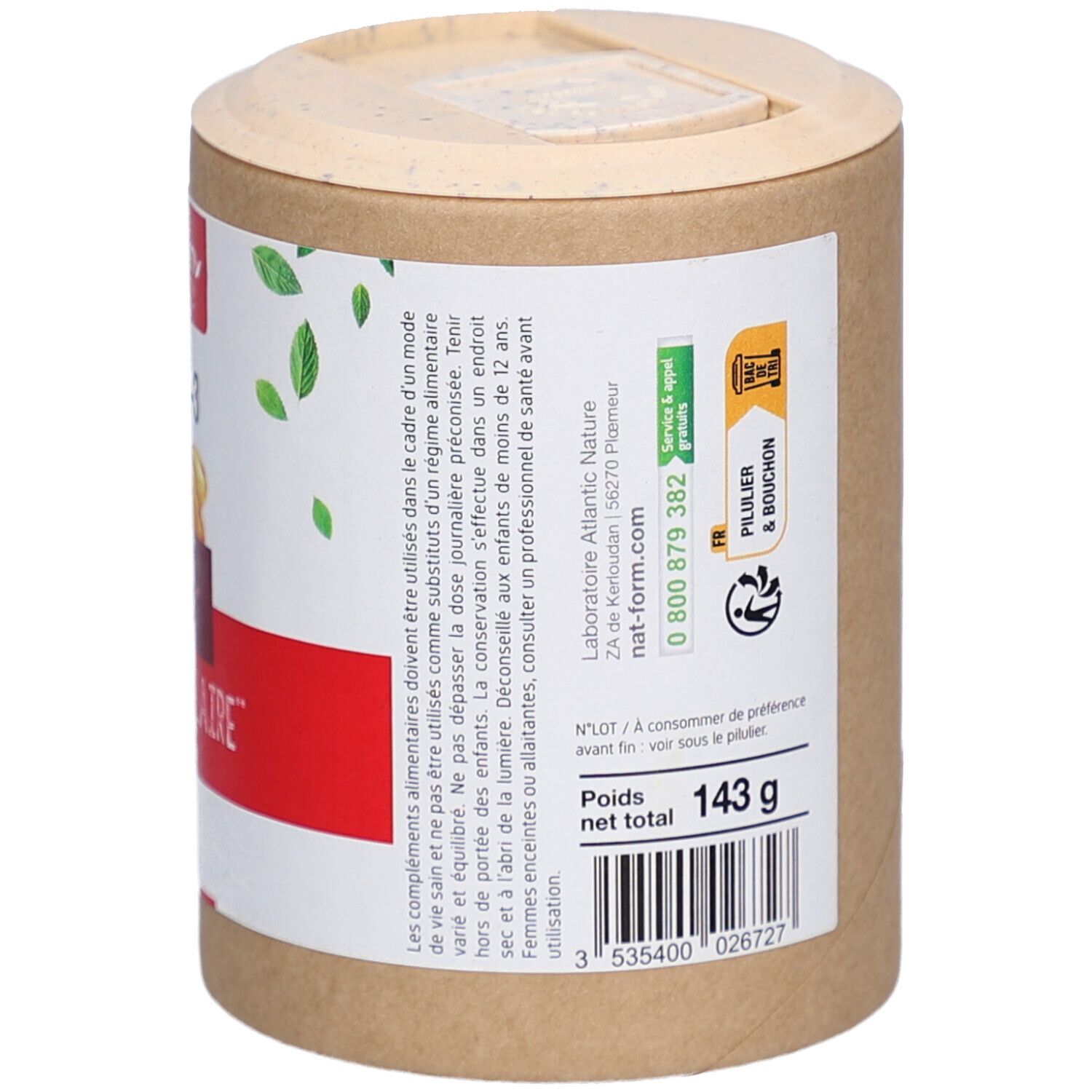Zylindrische Dose, Seitenansicht. Mit Informationen zu Gewicht und Inhaltsstoffen. Verpackung aus Pflanzenmaterial.