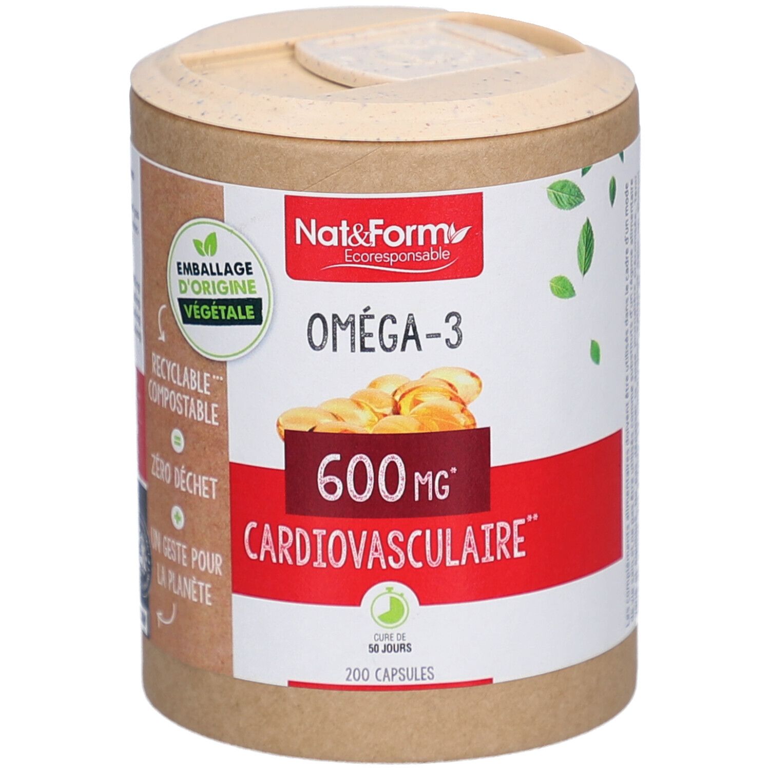 Zylindrische Dose mit Deckel. Aufschrift: Oméga-3, 600 mg, Cardiovasculaire. Verpackung aus Pflanzenmaterial, recycelbar.