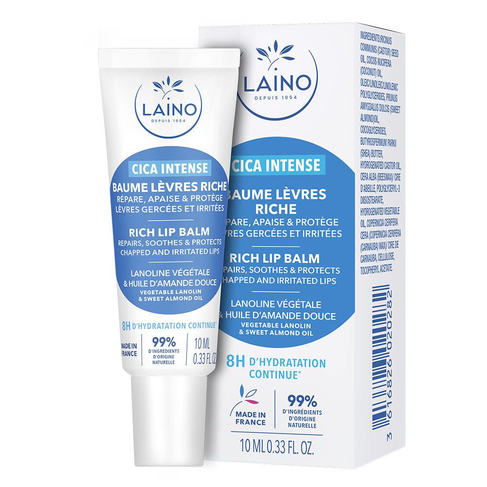 Laino Cica Intense Lippenbalsam. Tube und Schachtel. Repariert, beruhigt und schützt. 10 ml. 99% natürliche Inhaltsstoffe.