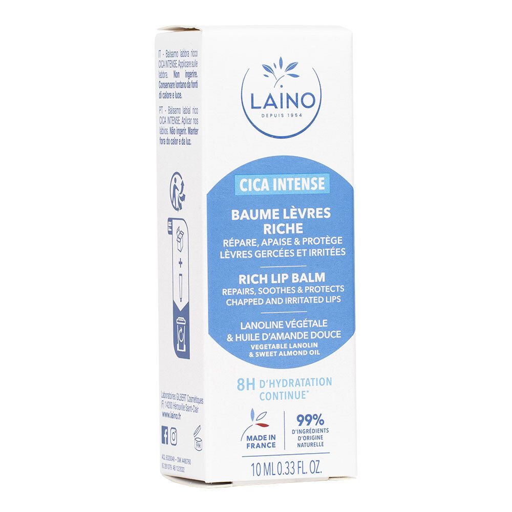 Laino Cica Intense Lippenbalsam. Weiße Schachtel mit Produktinformationen. Repariert, beruhigt und schützt.