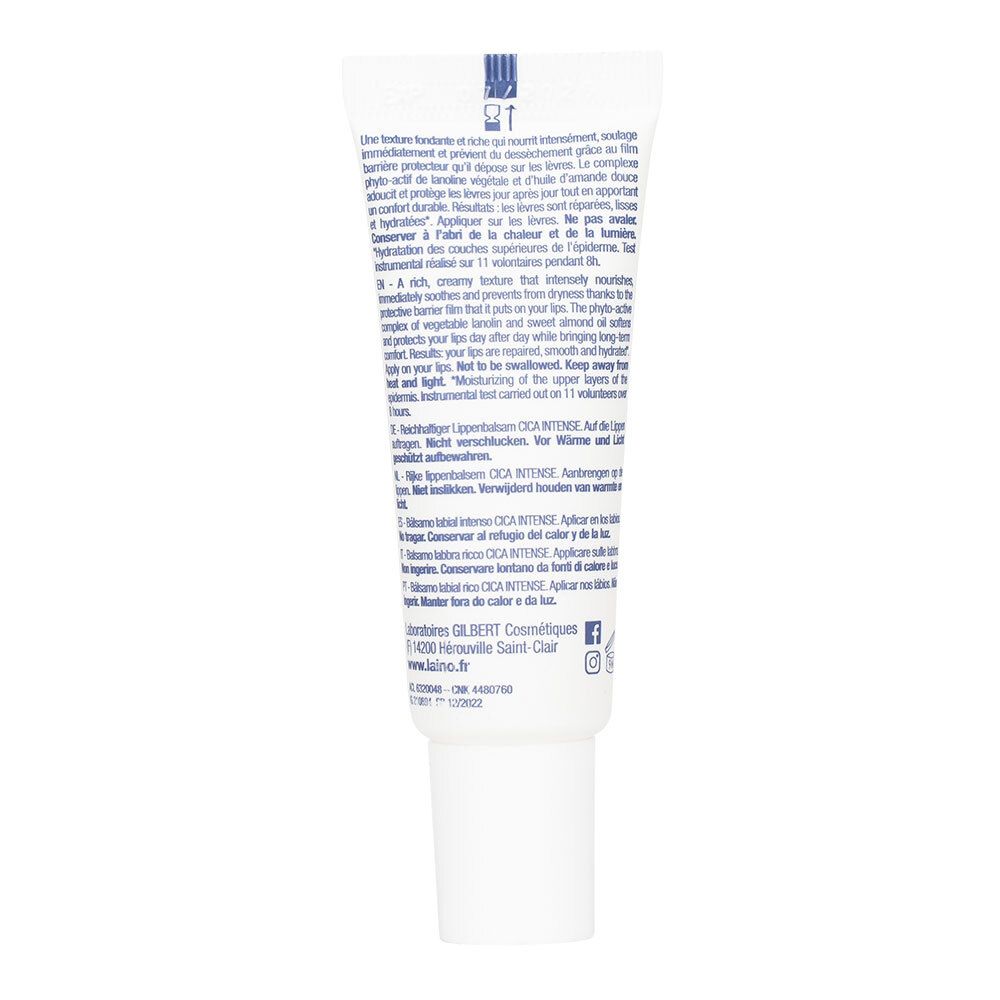 Rückseite der Lippenbalsam-Tube. Text in mehreren Sprachen. Informationen zur Anwendung und Inhaltsstoffe.