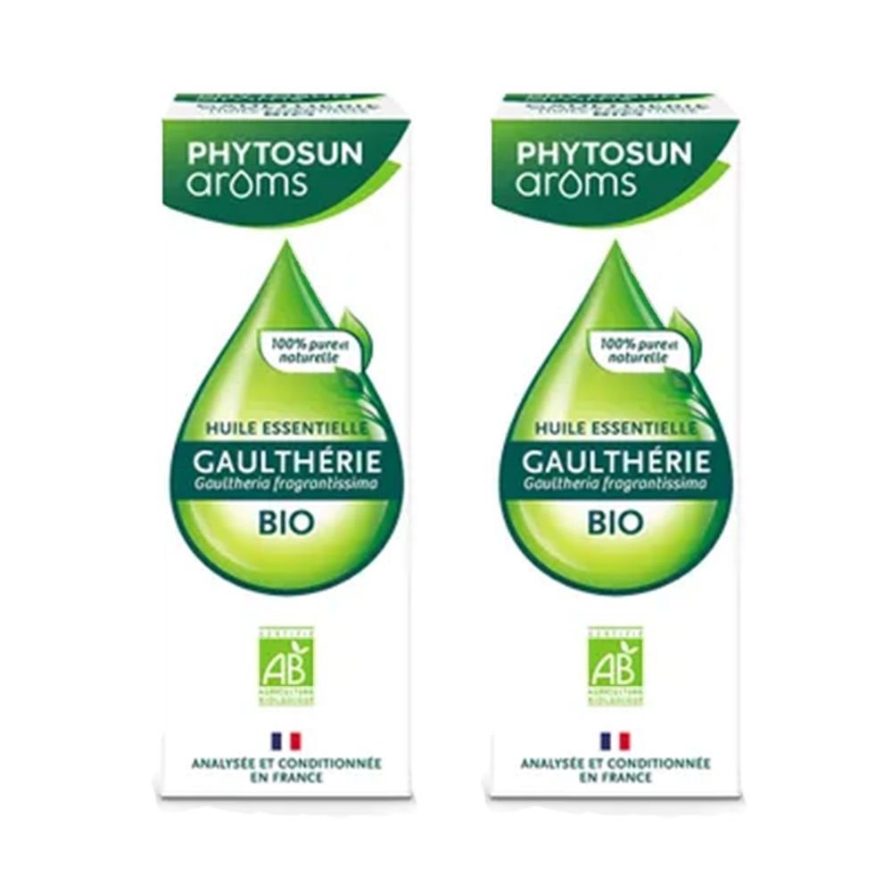 Deux boîtes blanches avec un design en forme de goutte verte. Inscriptions : PHYTOSUN arôms, Gaulthérie, BIO. Label AB. Analyse française.