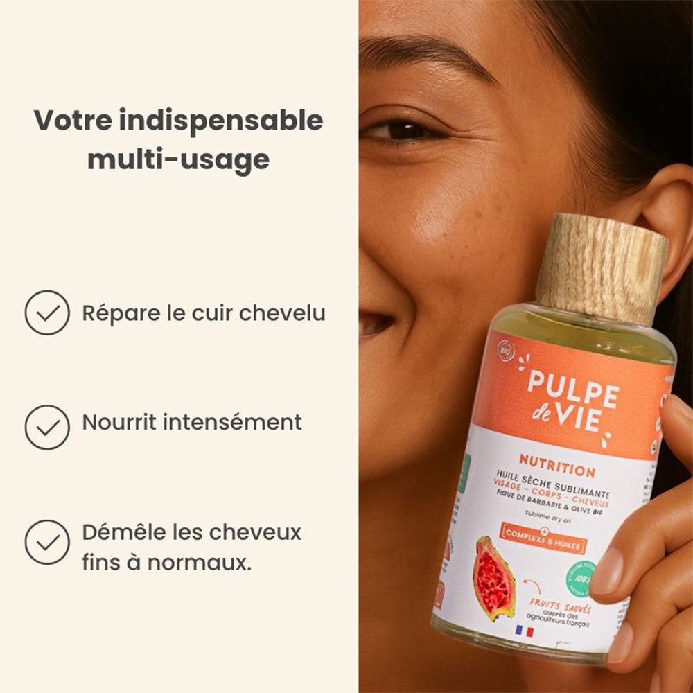 Flacon de produit avec bouchon en bois. Inscription: PULPE de VIE. Texte: Répare le cuir chevelu, nourrit intensément, démêle les cheveux.