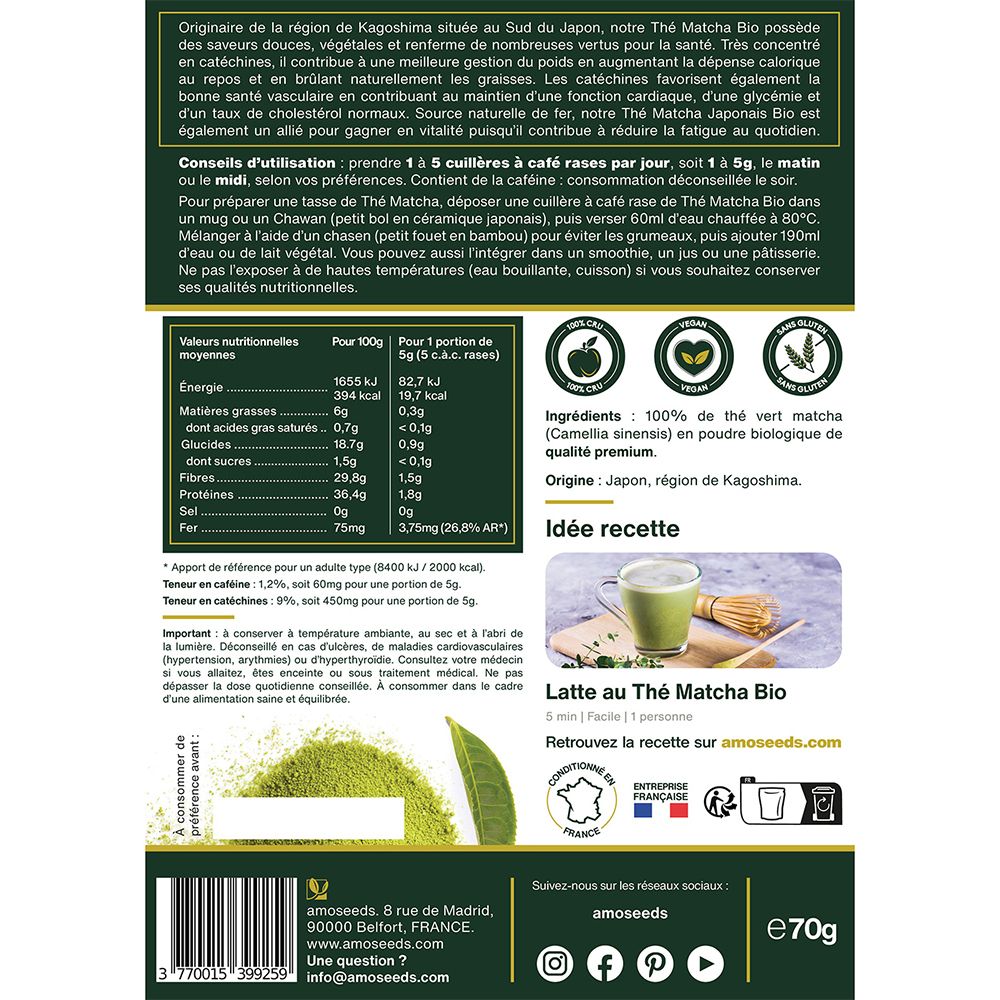 Dos du sachet de thé Matcha. Informations sur les ingrédients, la valeur nutritionnelle et la préparation. e70g.