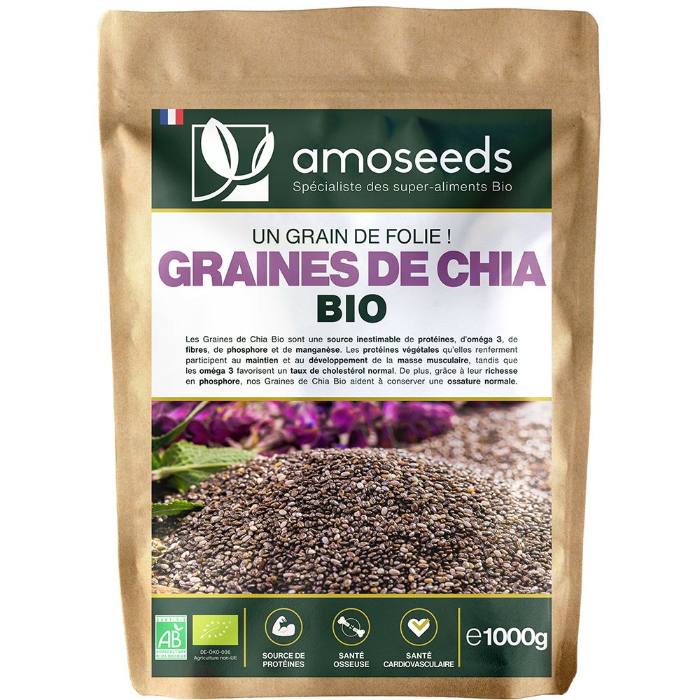 Sachet de GRAINES DE CHIA BIO amoseeds. Sachet en papier brun avec informations et logo. Certification biologique.
