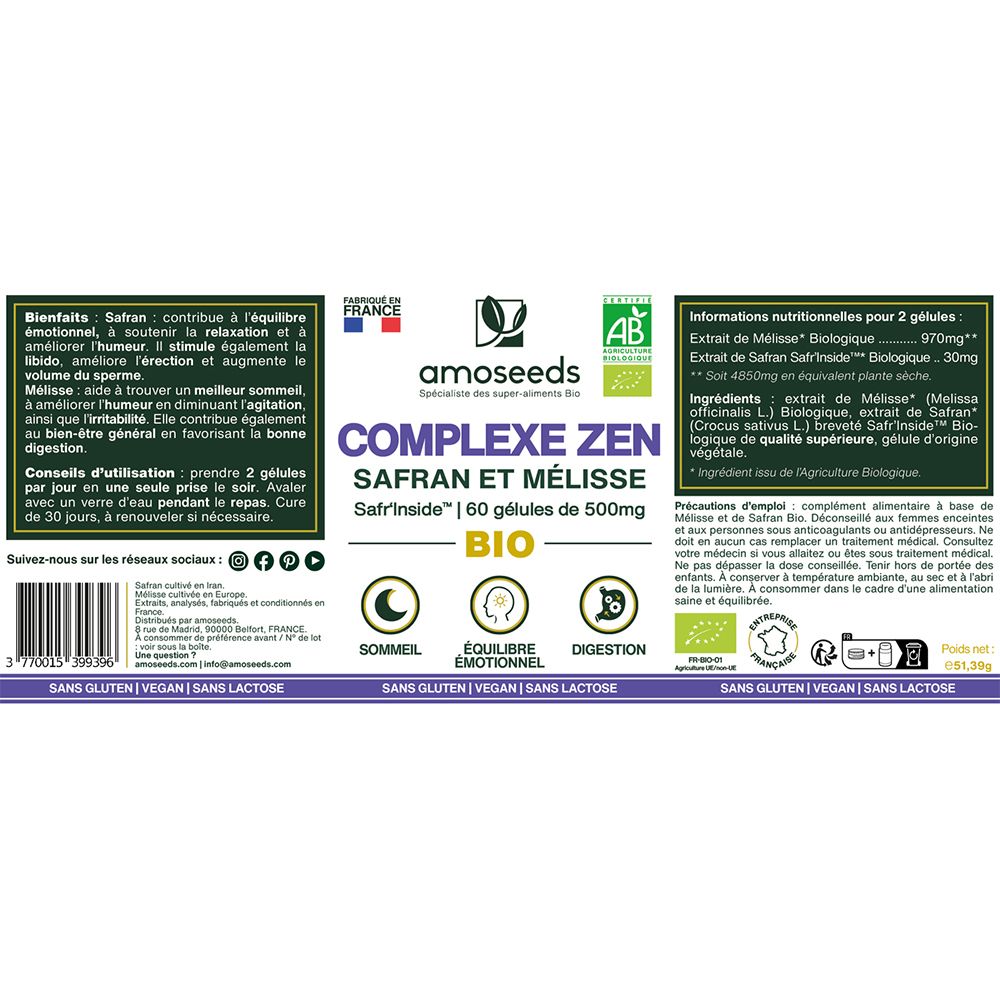 Complexe Zen Bio, Safran et Mélisse | 60 gélules