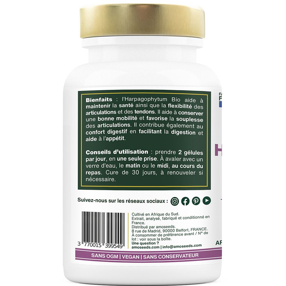 Dos du flacon. Texte: Avantages, conseils d'utilisation, icônes réseaux sociaux, code-barres. Fabriqué en France.