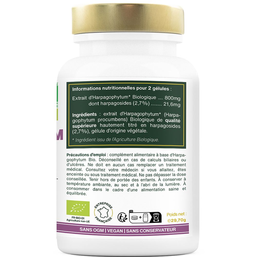 Dos du flacon. Texte: Informations nutritionnelles, ingrédients, précautions. Labels: AB. Fabriqué en France.