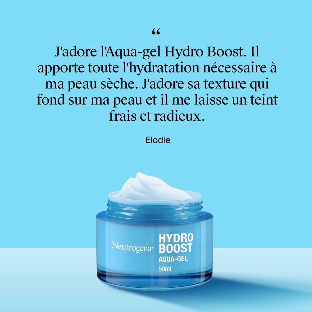 Offene Dose Neutrogena Hydro Boost Aqua-Gel. Zitat: Ich liebe Aqua-Gel Hydro Boost. Es spendet Feuchtigkeit für meine trockene Haut.