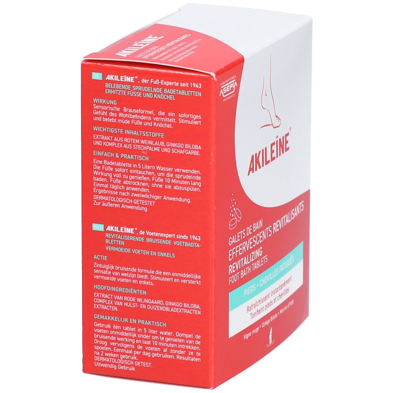 Boîte rouge et blanche, nom du produit et illustration de pied. Texte: Galets de Bain Effervescents Revitalisants, pieds + chevilles fatiguées.
