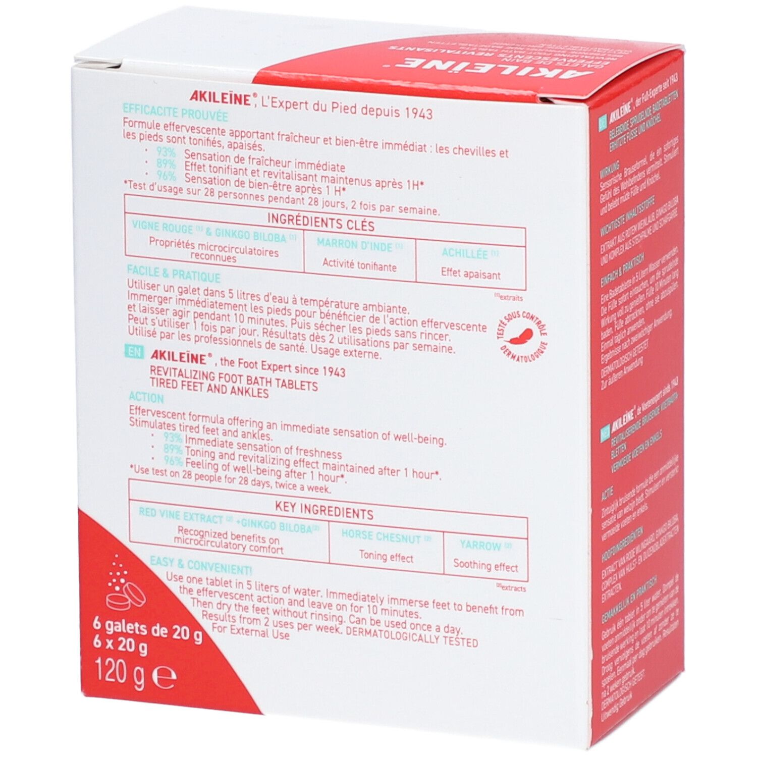 Emballage du produit avec texte et illustrations. Informations sur les ingrédients et l'utilisation. Couleurs rouge et blanc.