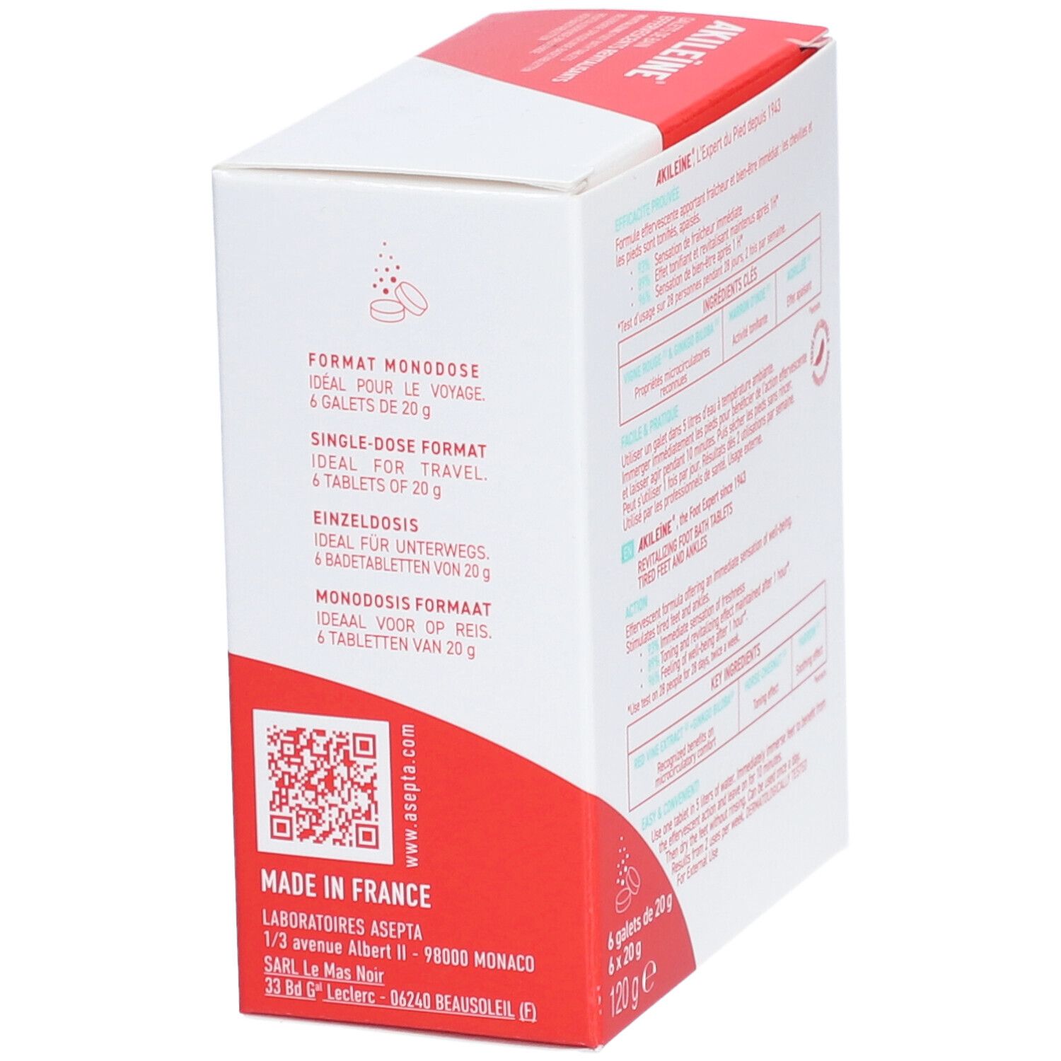 Emballage du produit avec texte et illustrations. Informations sur les ingrédients et l'utilisation. Couleurs rouge et blanc.