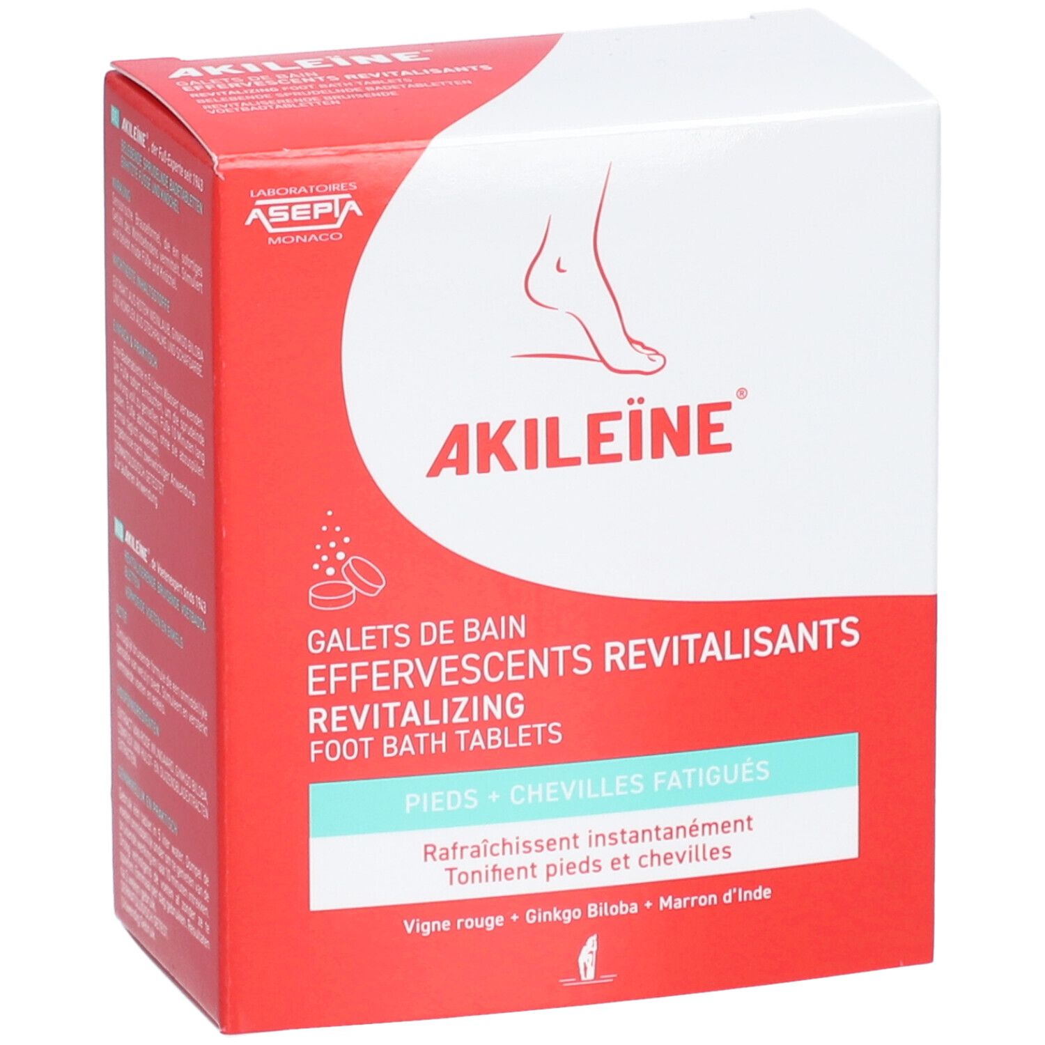 Boîte rouge et blanche, nom du produit et illustration de pied. Texte: Galets de Bain Effervescents Revitalisants, pieds + chevilles fatiguées.