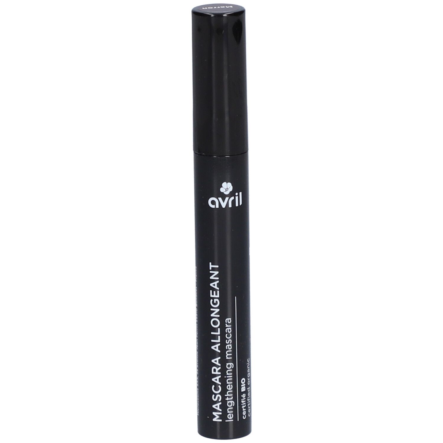 Schwarze Mascara-Tube. Text: MASCARA ALLONGEANT lengthening mascara, avril, certifié bio.