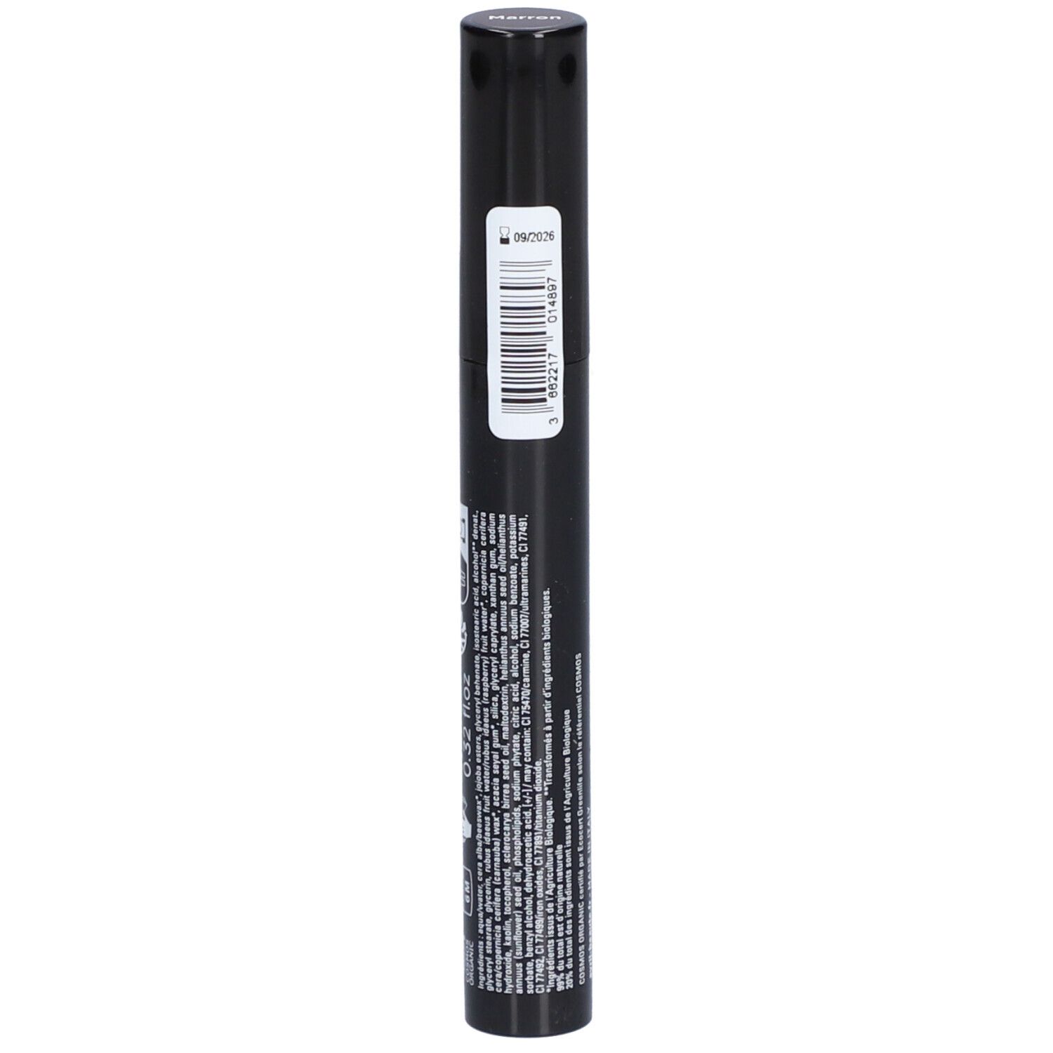 Schwarze Mascara-Tube. Barcode und Text auf der Rückseite. Weitere Texte.