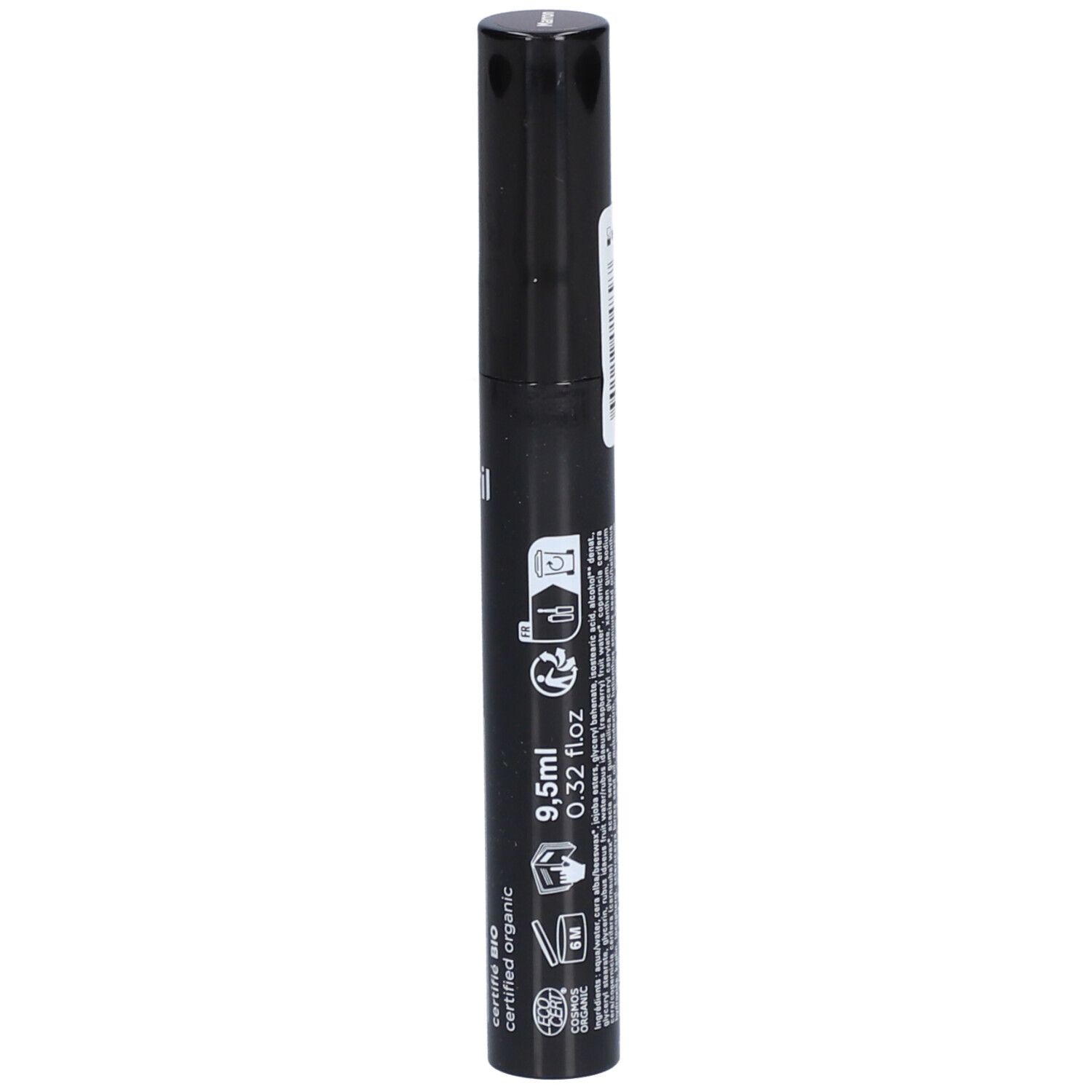 Schwarze Mascara-Tube. Text: 9,5ml, 0.32 fl.oz. Weitere Symbole und Texte.