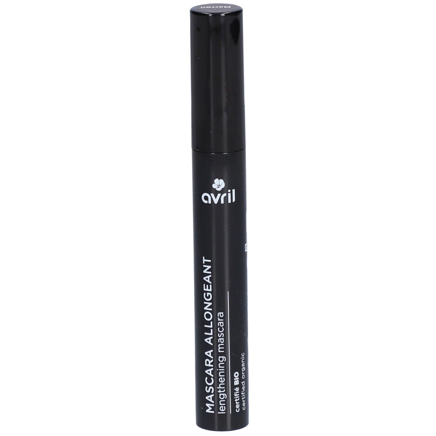 Schwarze Mascara-Tube. Text: MASCARA ALLONGEANT lengthening mascara, avril, certifié bio.