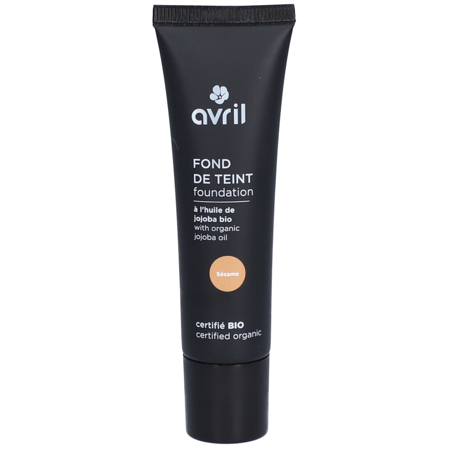 Schwarze Tube Foundation. Aufschrift: Avril, Fond de Teint, Sesam. Bio-Zertifizierung.