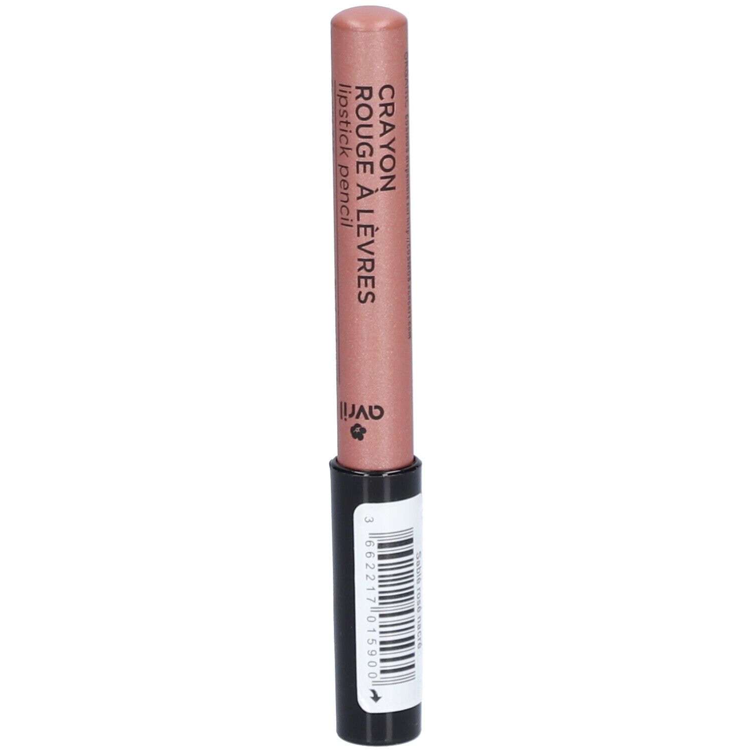 Crayon à lèvres rose. Corps noir, pointe rose. Inscription: Crayon Rouge à Lèvres, Avril. Code-barres.